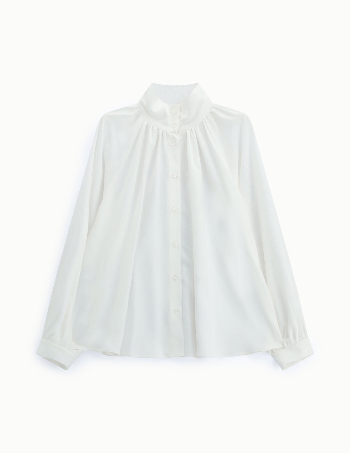 Blouse ample col montant froncé en viscose à plat – Blanc – Imperial Femme