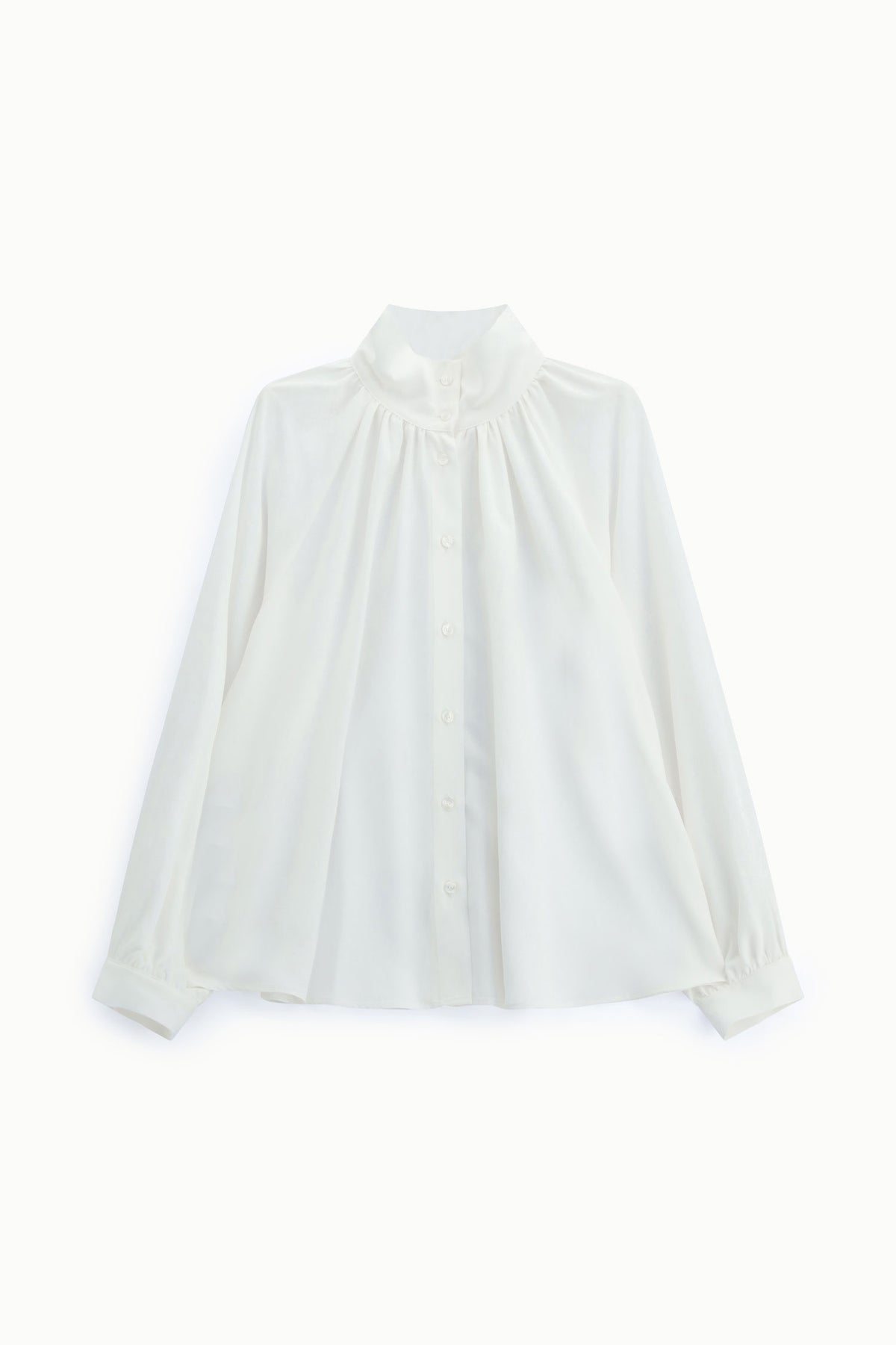 Blouse ample col montant froncé en viscose à plat – Blanc – Imperial Femme