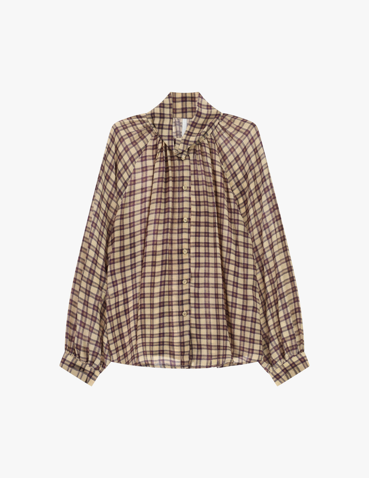 Chemise à carreaux col froncé et manches bouffantes à plat – Beige – Imperial Femme