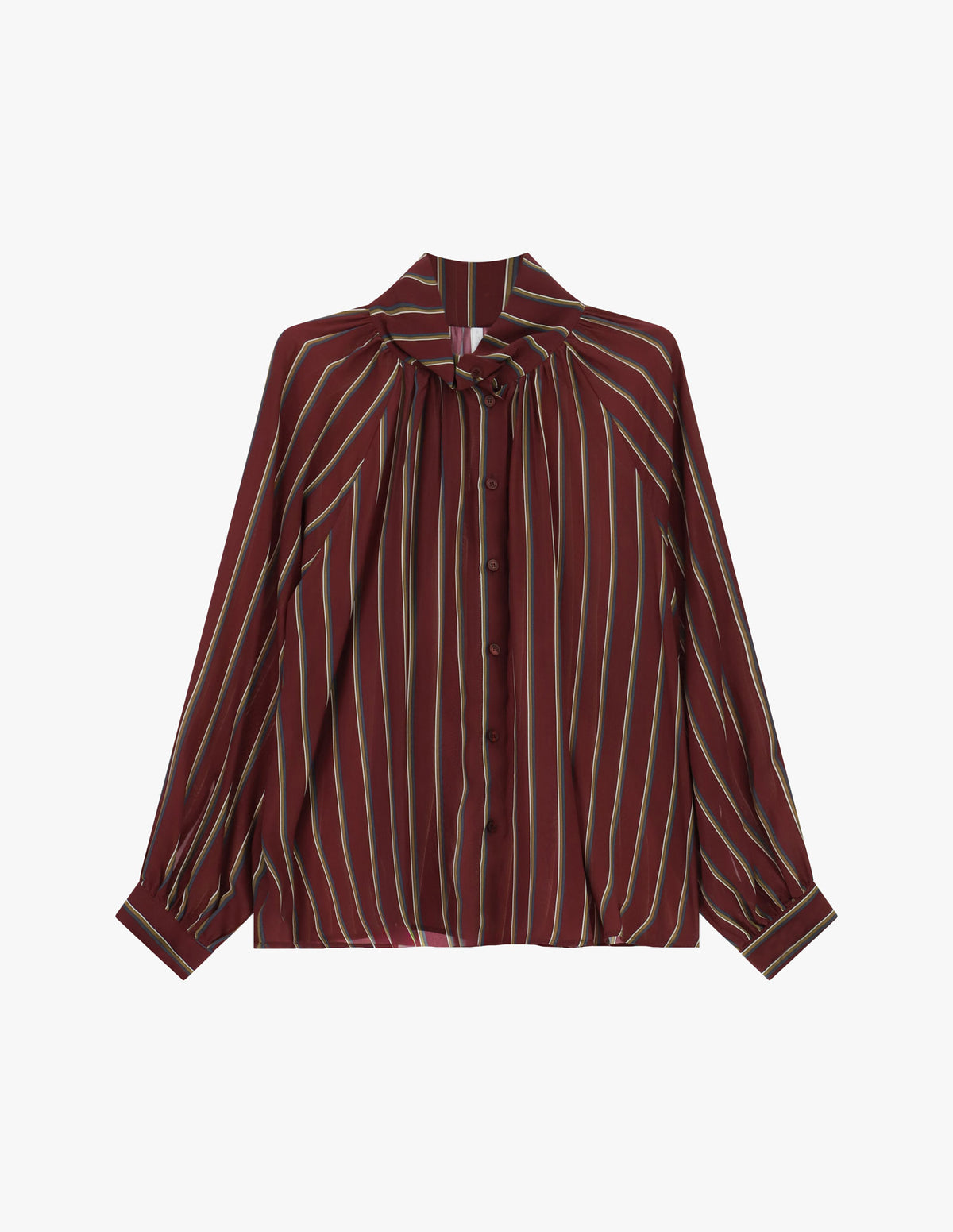 Blouse rayée col montant froncé en viscose à plat – Bordeaux – Imperial Femme