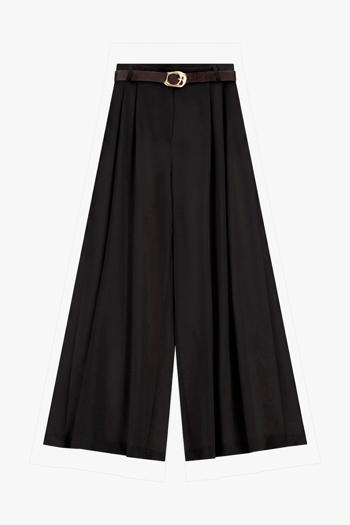 Pantalon palazzo taille haute pinces ceinture fantaisie, coloris Noir