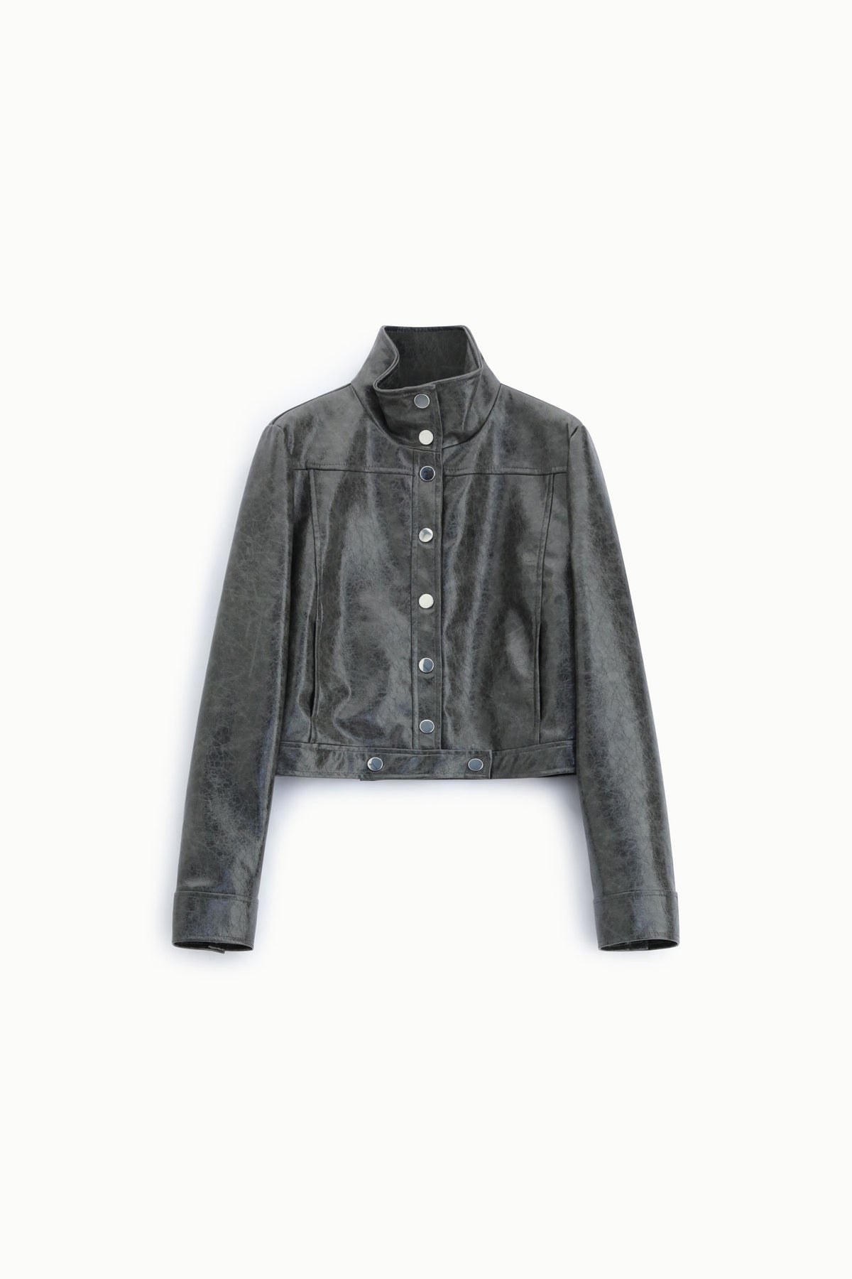 Blouson court éco-cuir craquelé à plat – Gris plomb – Imperial Femme