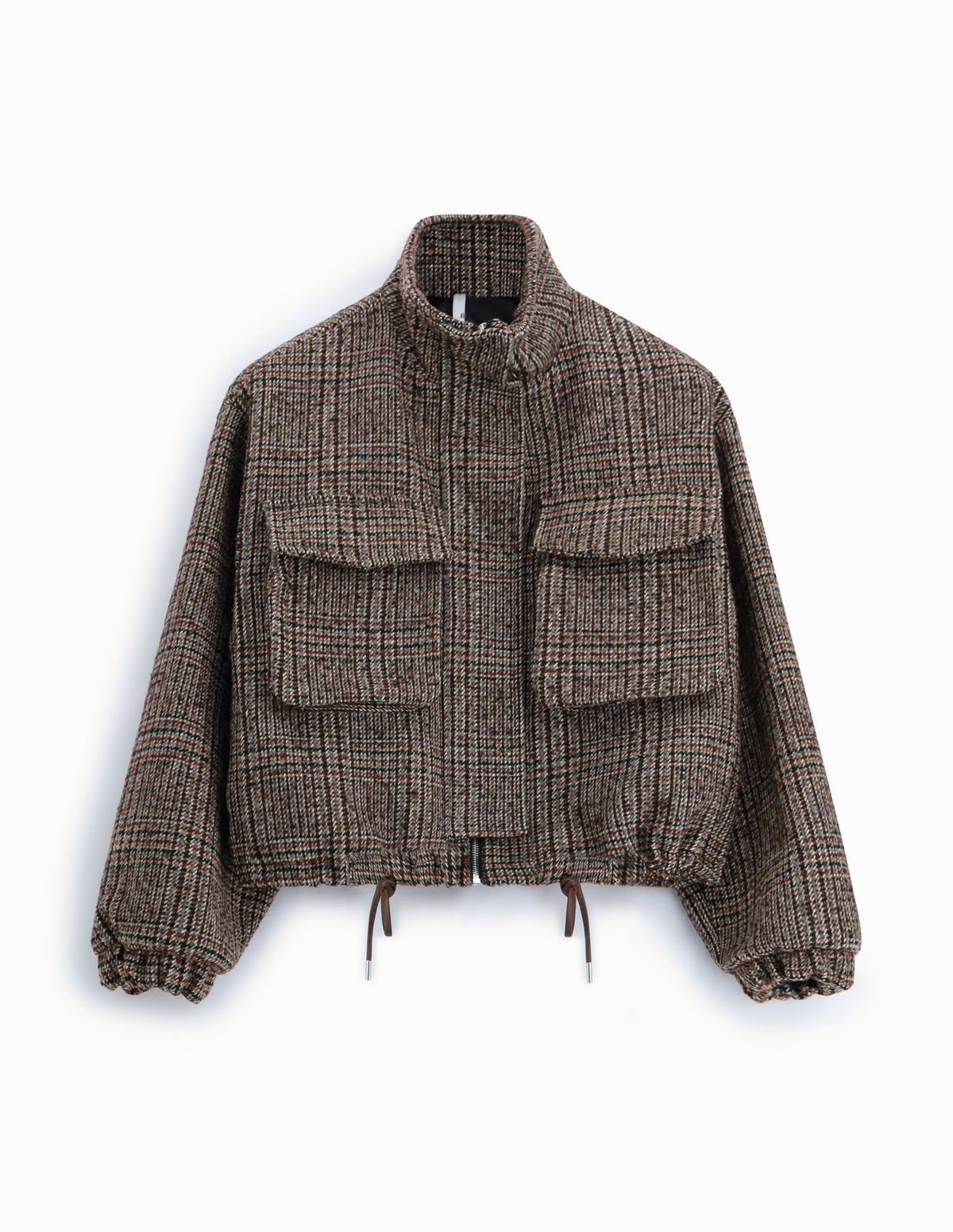 Blouson court à carreaux en laine mélangée à plat – Beige et bordeaux – Imperial Femme