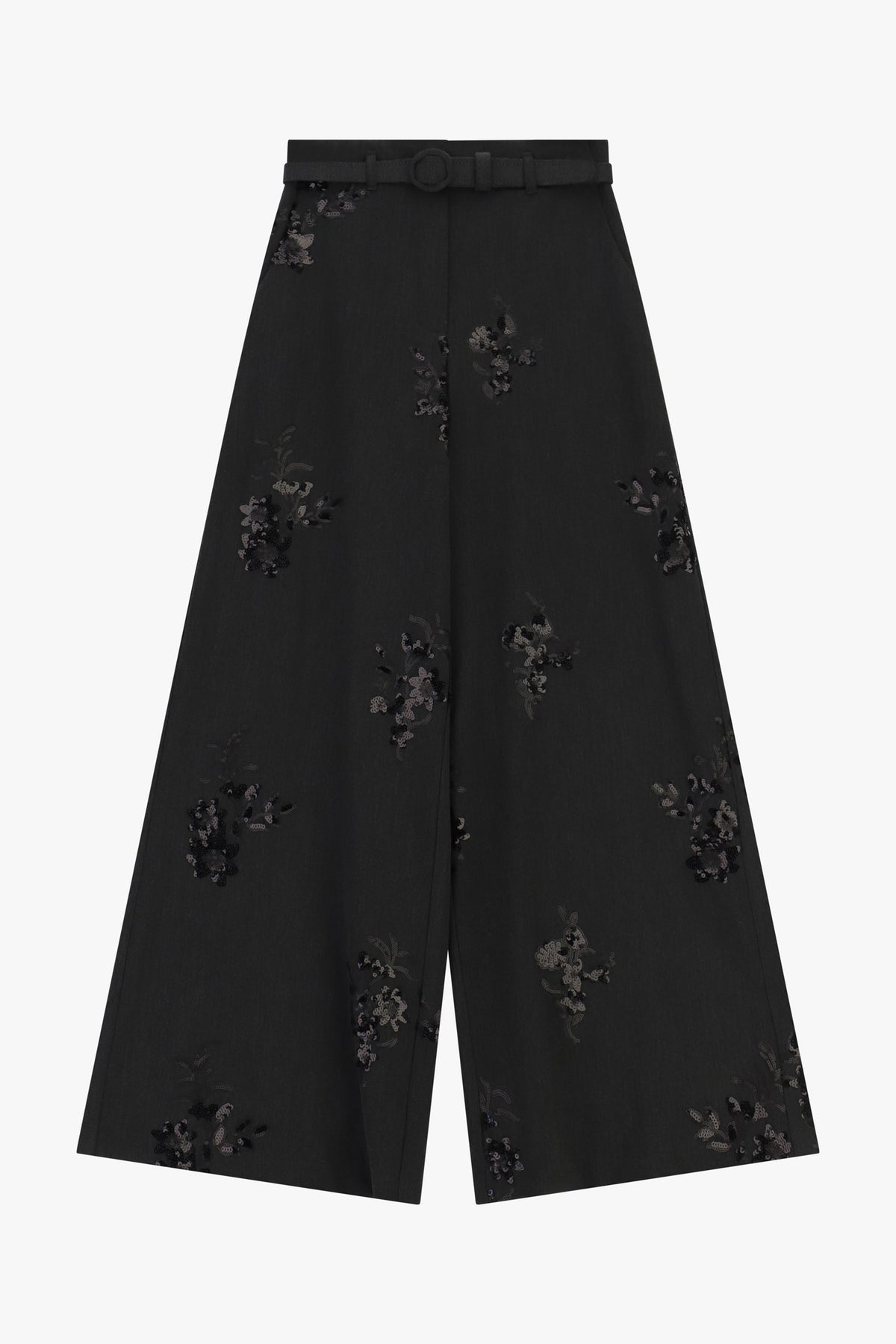 Pantalon large ceinturé à motif floral en relief à plat – Imperial Femme