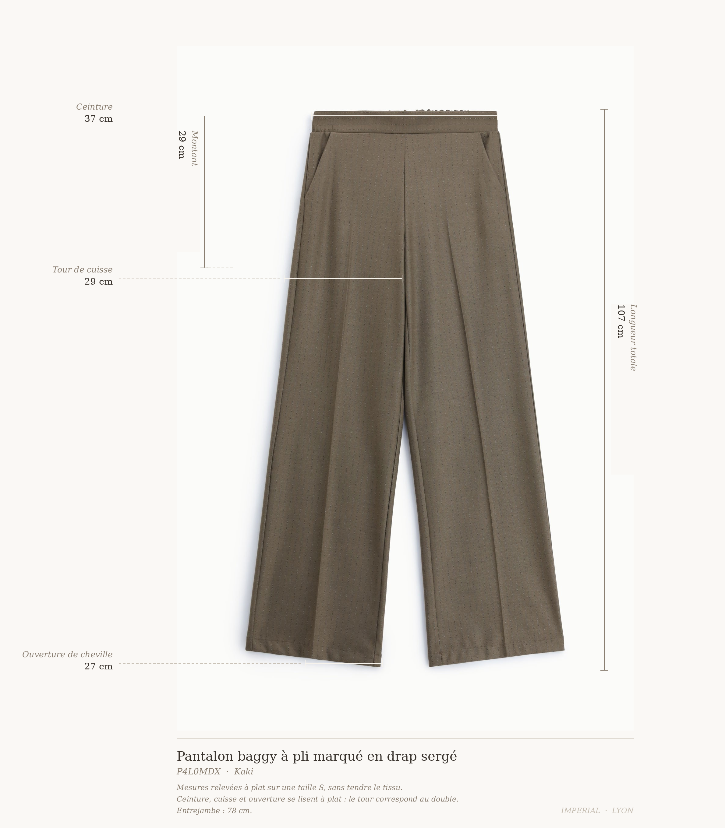 Cartographie des mesures du pantalon baggy Imperial : ceinture 37 cm, montant 29 cm, cuisse 29 cm, ouverture de cheville 27 cm, longueur totale 107 cm all-groups