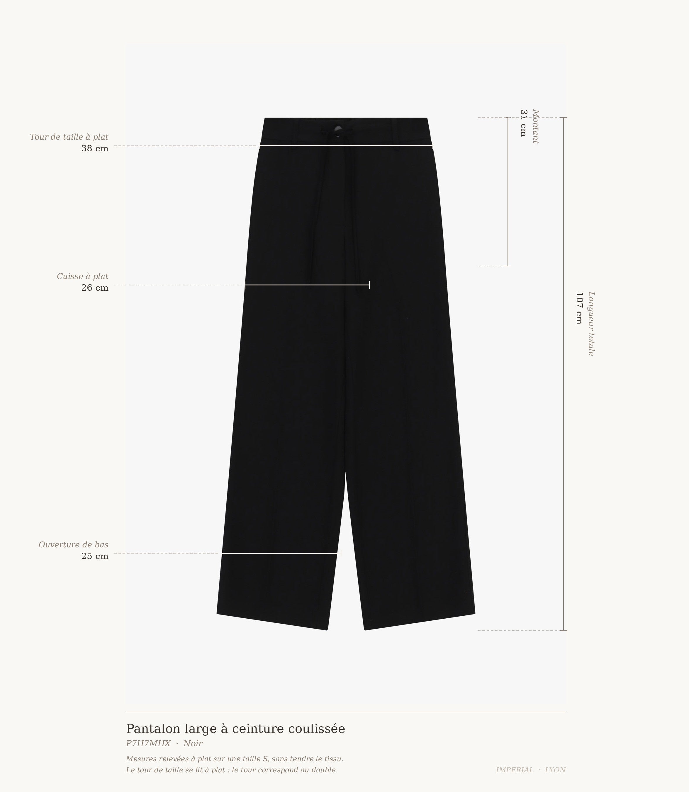 Cartographie des mesures du pantalon Imperial : taille 38 cm, montant 31 cm, cuisse 26 cm, ouverture 25 cm, longueur 107 cm all-groups
