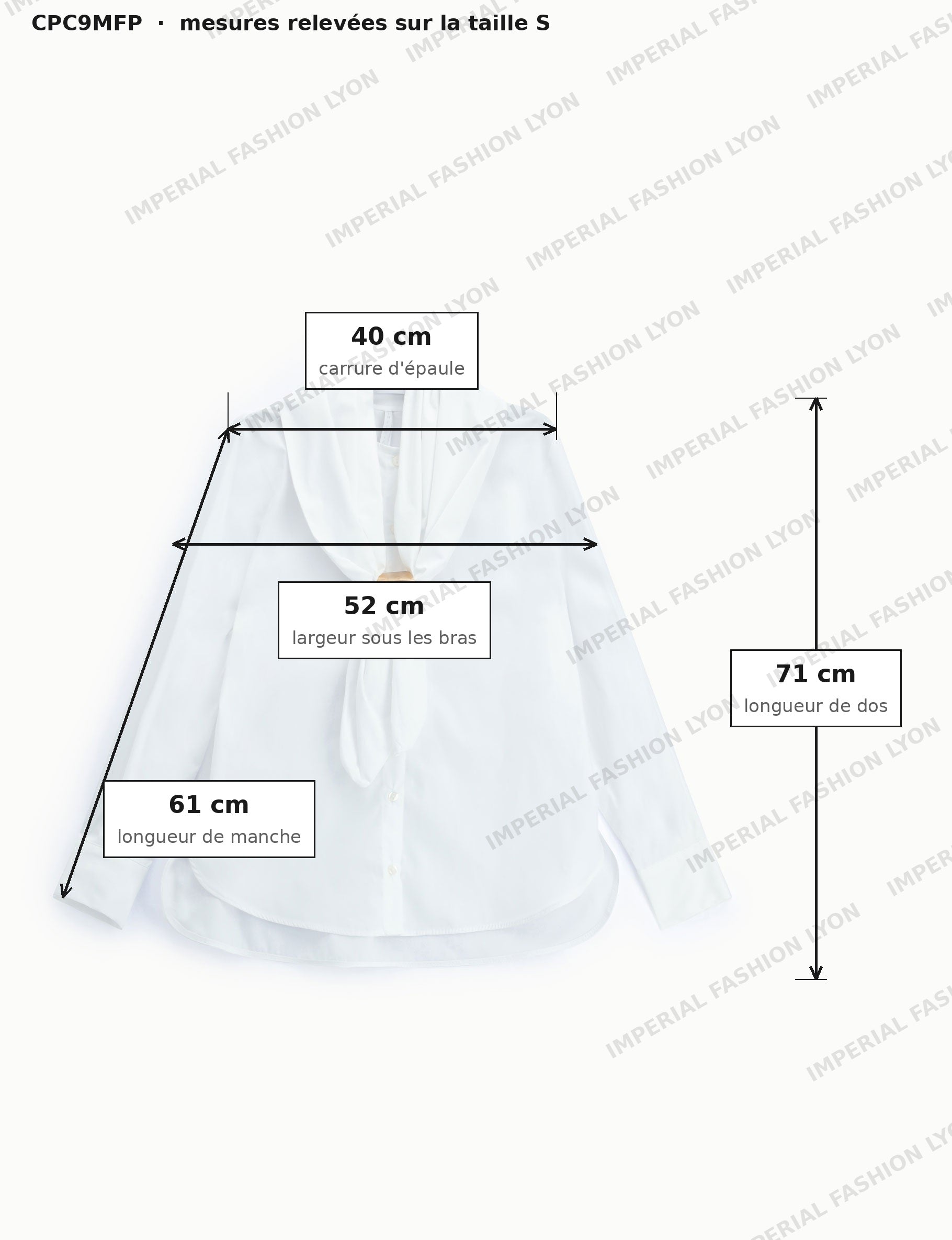 Cartographie des mesures de la chemise, relevées sur la taille S : carrure d'épaule 40 cm, largeur sous les bras 52 cm, longueur de manche 61 cm, longueur de dos 71 cm