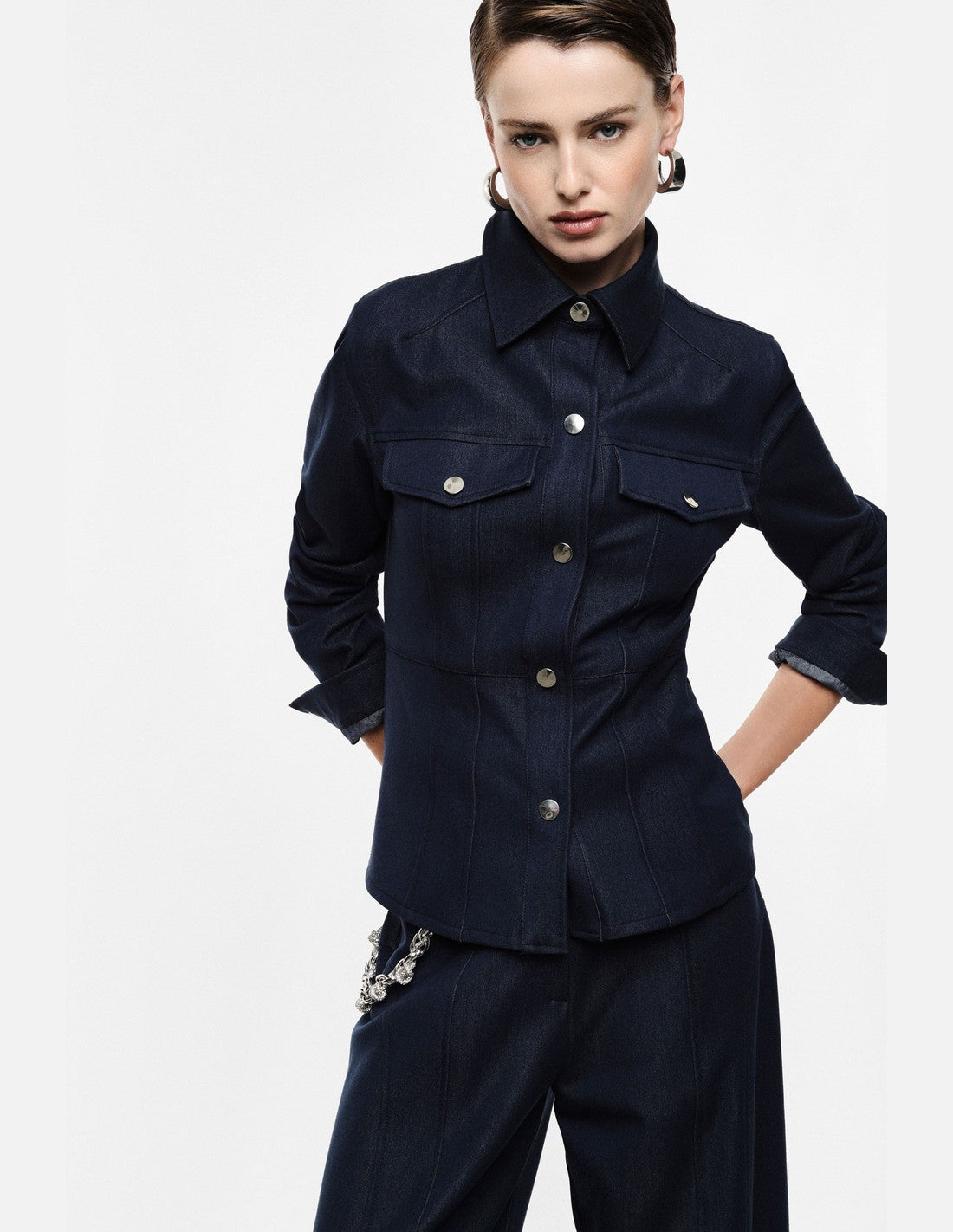 Veste chemise en toile denim boutons métal – bleu denim – Imperial Femme