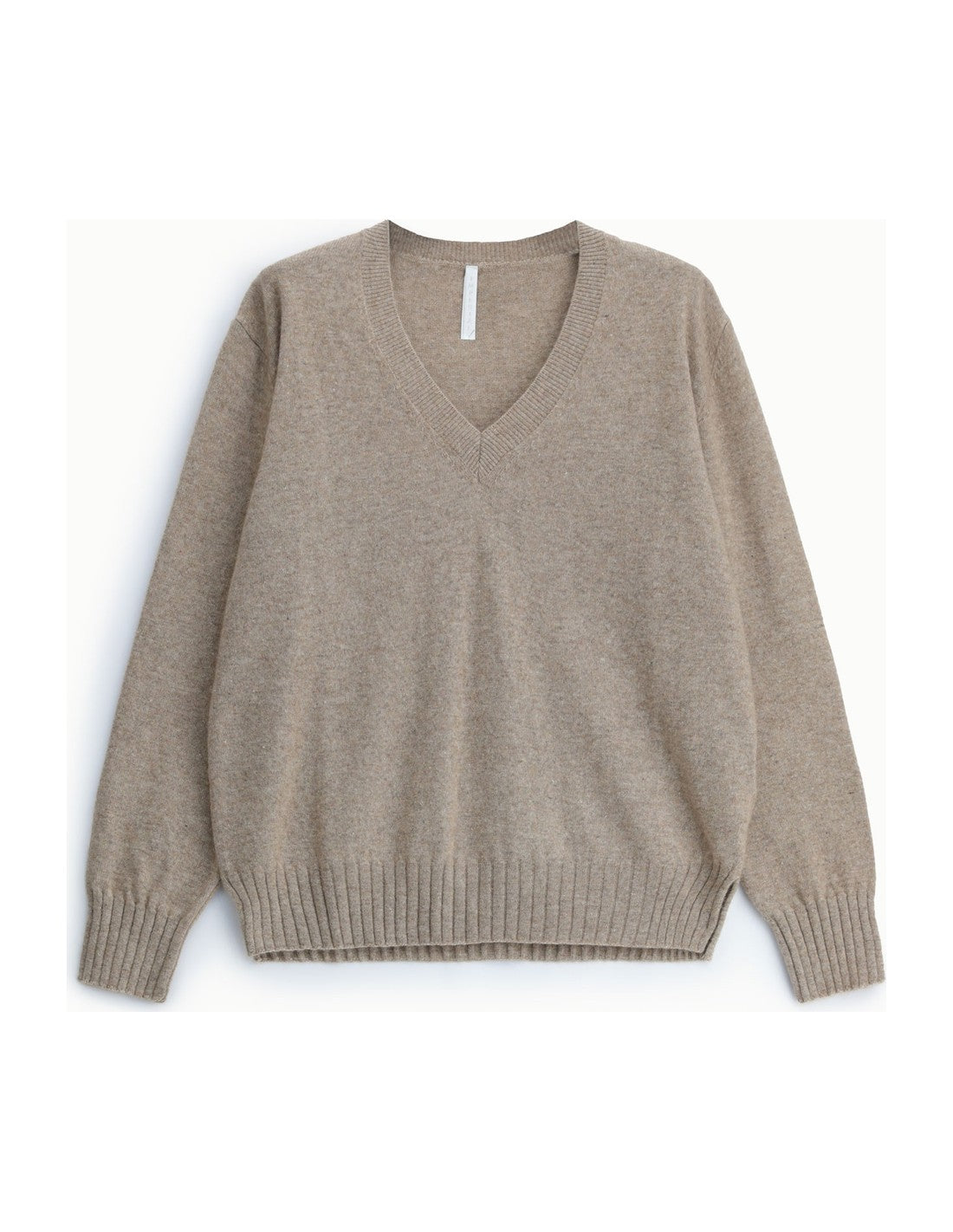 Pull col V en maille mélangée cachemire à plat – Beige chiné – Imperial Femme