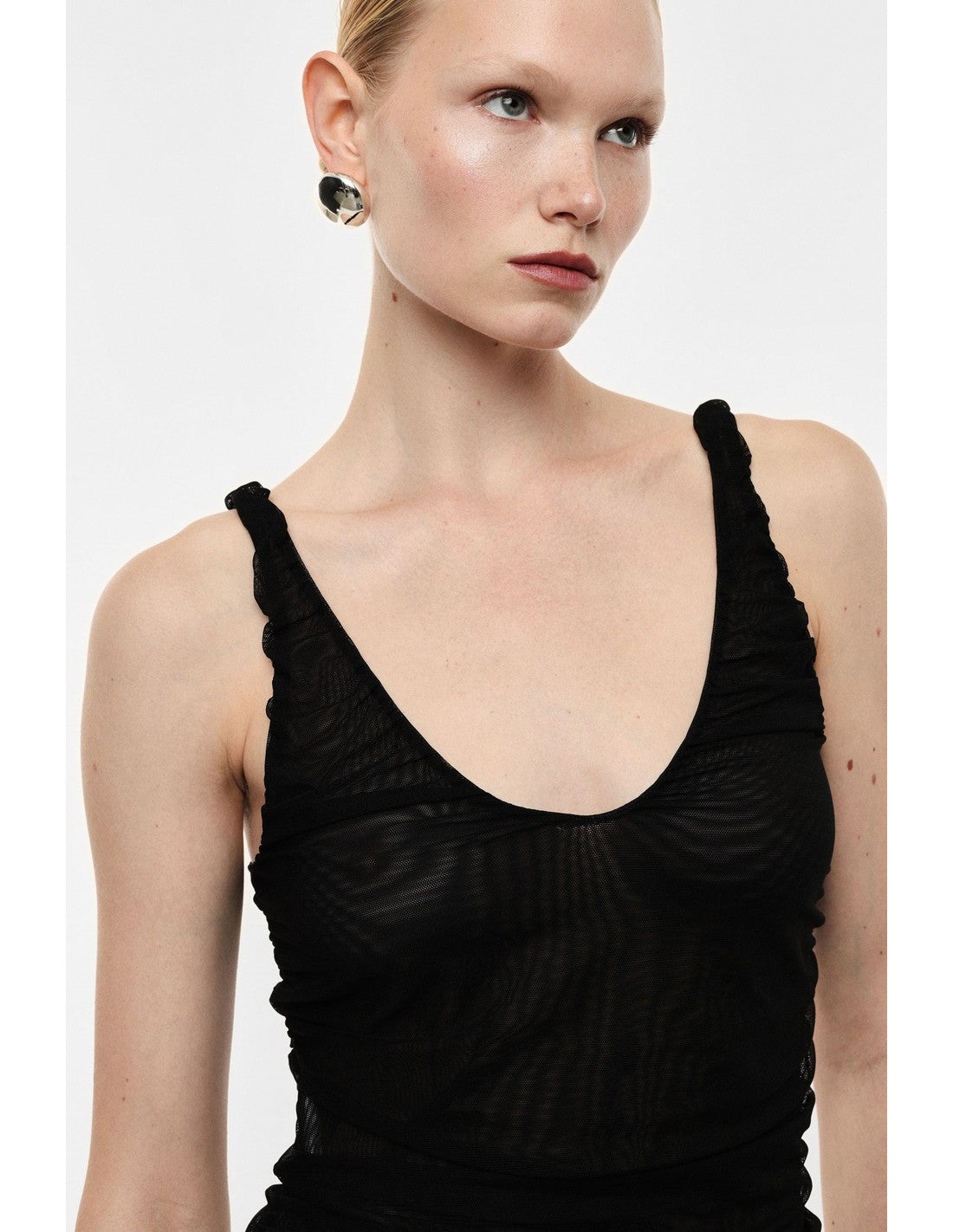 Débardeur en maille transparente texturée porté, face – Noir – Imperial Femme