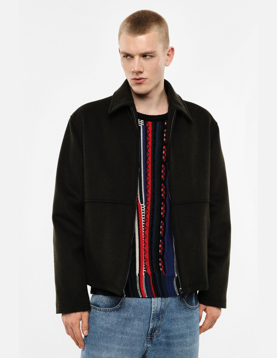 Blouson zippé en drap de laine porté ouvert – kaki foncé – Imperial Homme