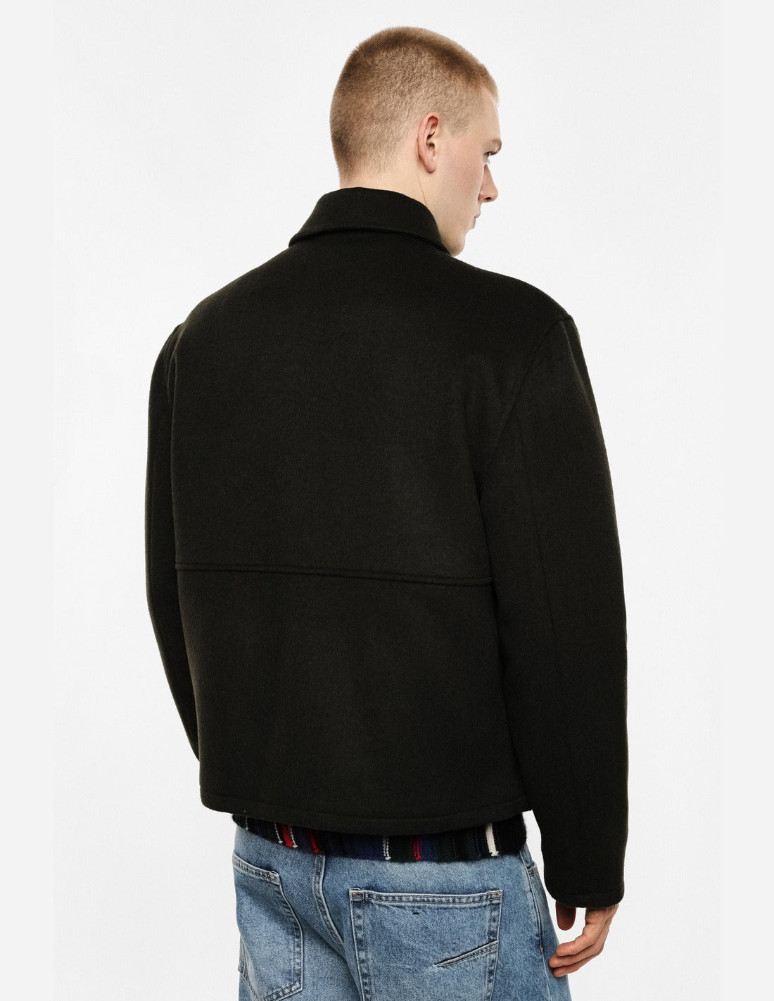 Blouson zippé en drap de laine porté, vue de dos – kaki foncé – Imperial Homme