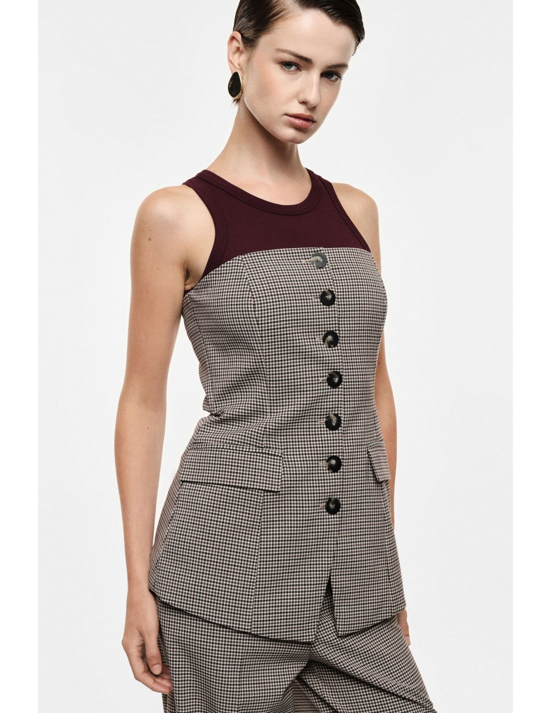 Bustier tailleur boutonné micro pied-de-poule – Imperial Femme