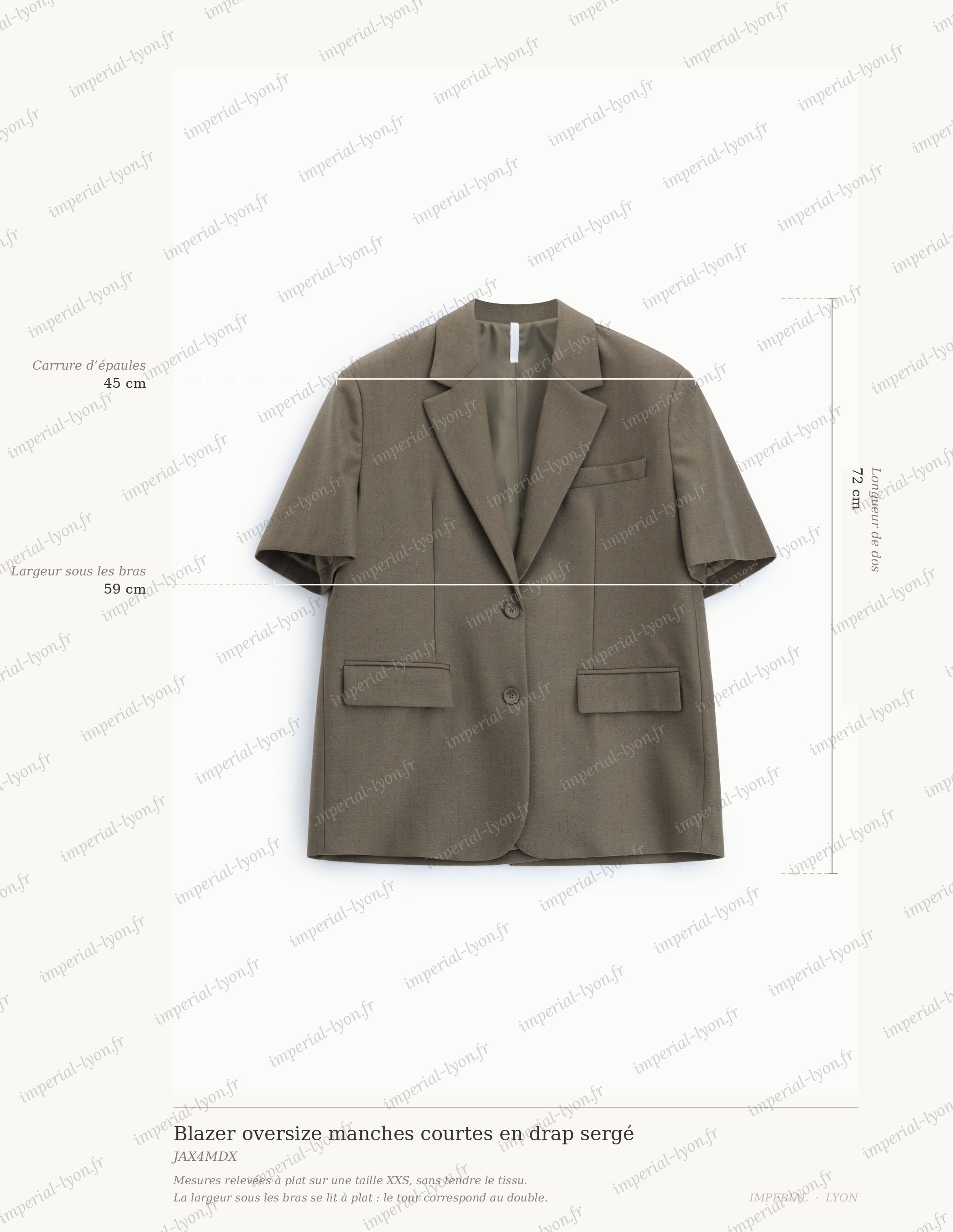 Cartographie des mesures du blazer oversize Imperial : largeur d'épaules 45 cm, largeur sous les bras 59 cm, longueur de dos 72 cm