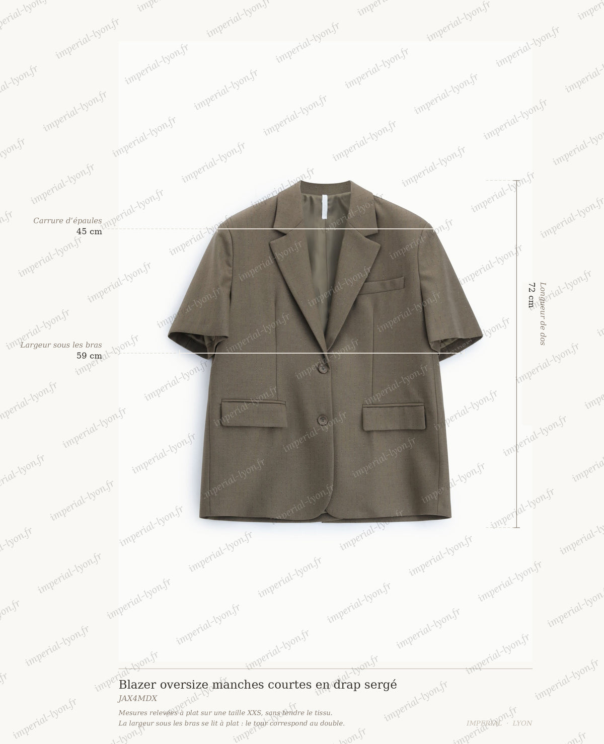 Cartographie des mesures du blazer oversize Imperial : largeur d'épaules 45 cm, largeur sous les bras 59 cm, longueur de dos 72 cm