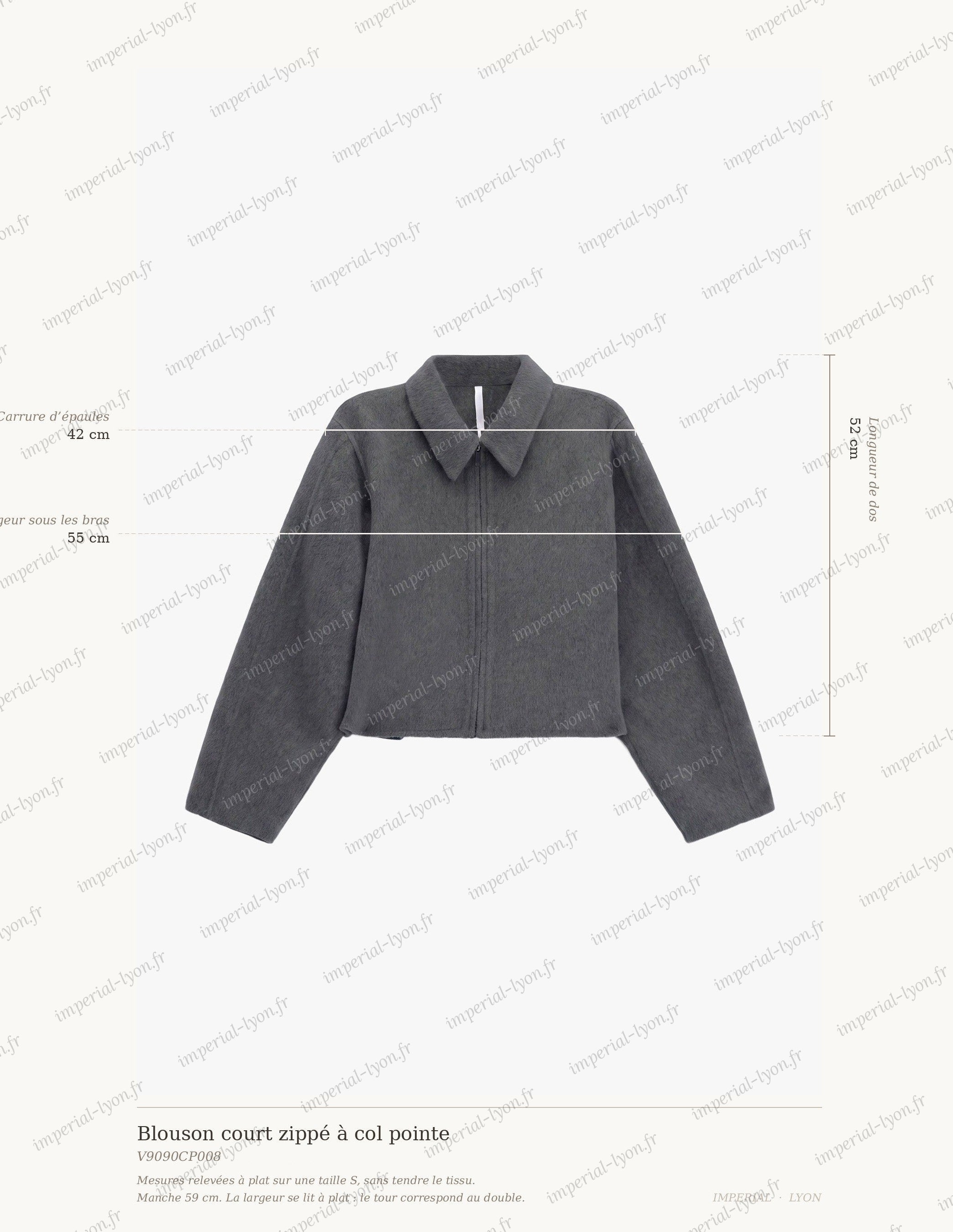 Cartographie des mesures du blouson Imperial : dos 52 cm, épaules 42 cm, largeur sous les bras 55 cm, manche 59 cm