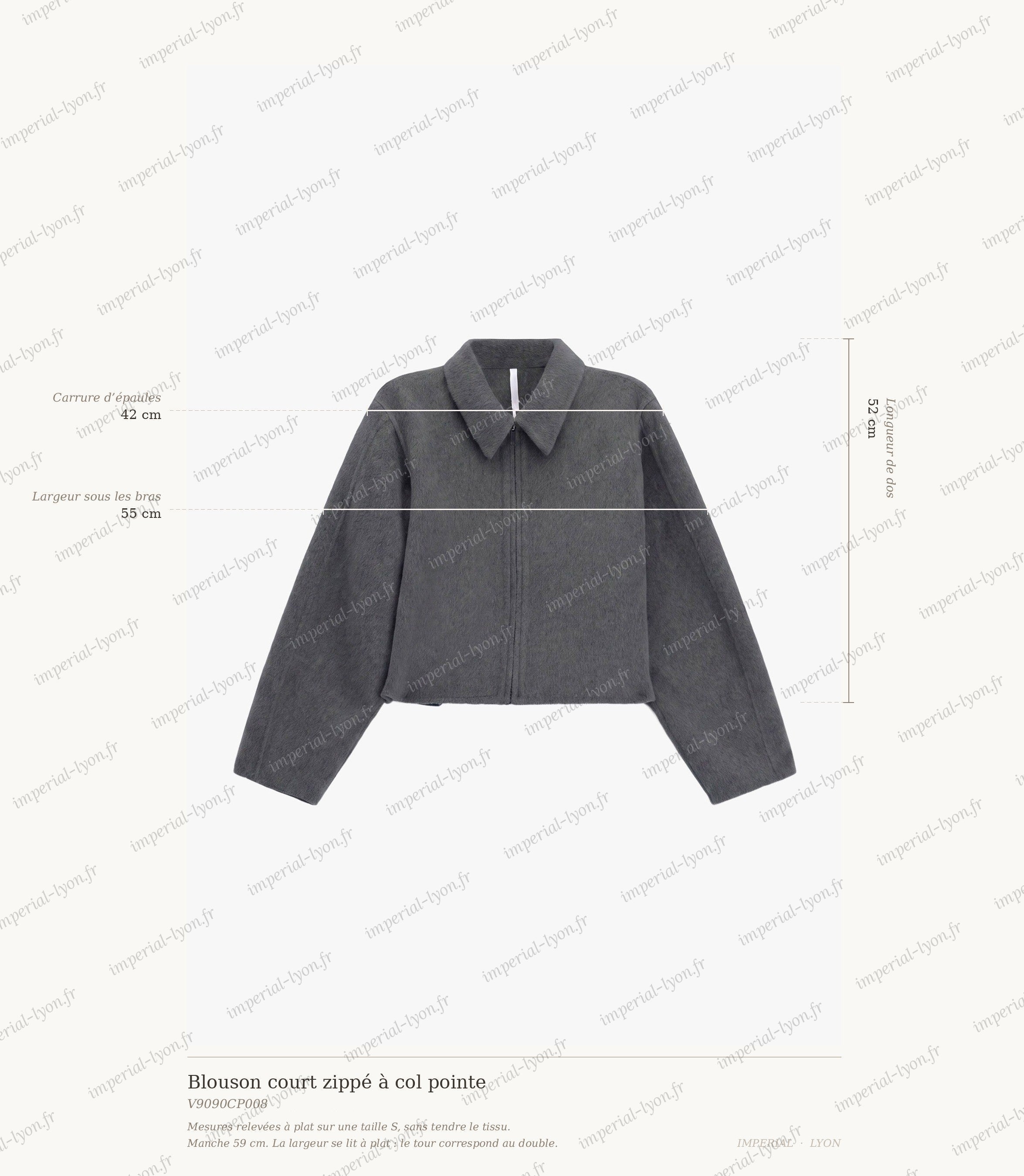 Cartographie des mesures du blouson Imperial : dos 52 cm, épaules 42 cm, largeur sous les bras 55 cm, manche 59 cm