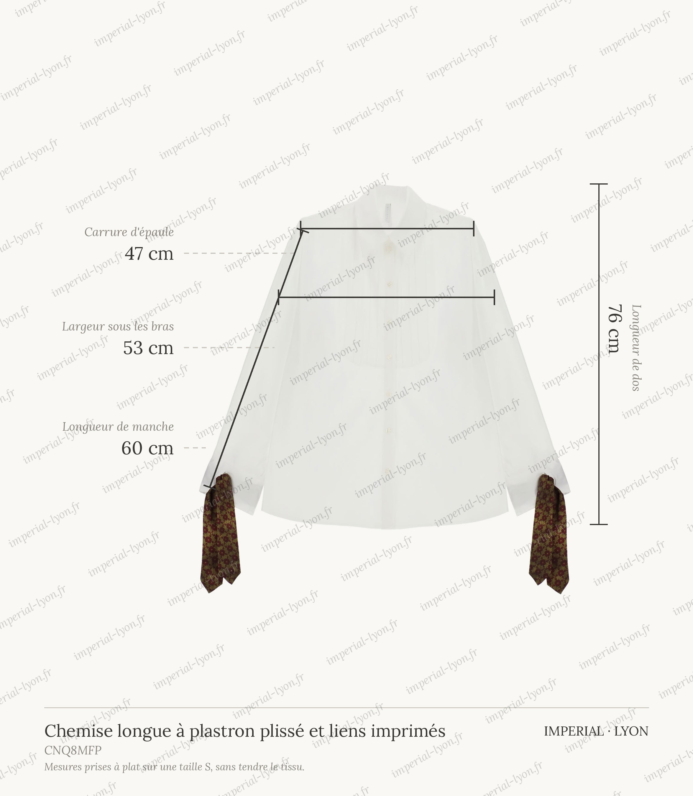 Cartographie des mesures de la chemise, relevées à plat sur la taille S : carrure d'épaule 47 cm, largeur sous les bras 53 cm, longueur de manche 60 cm, longueur de dos 76 cm
