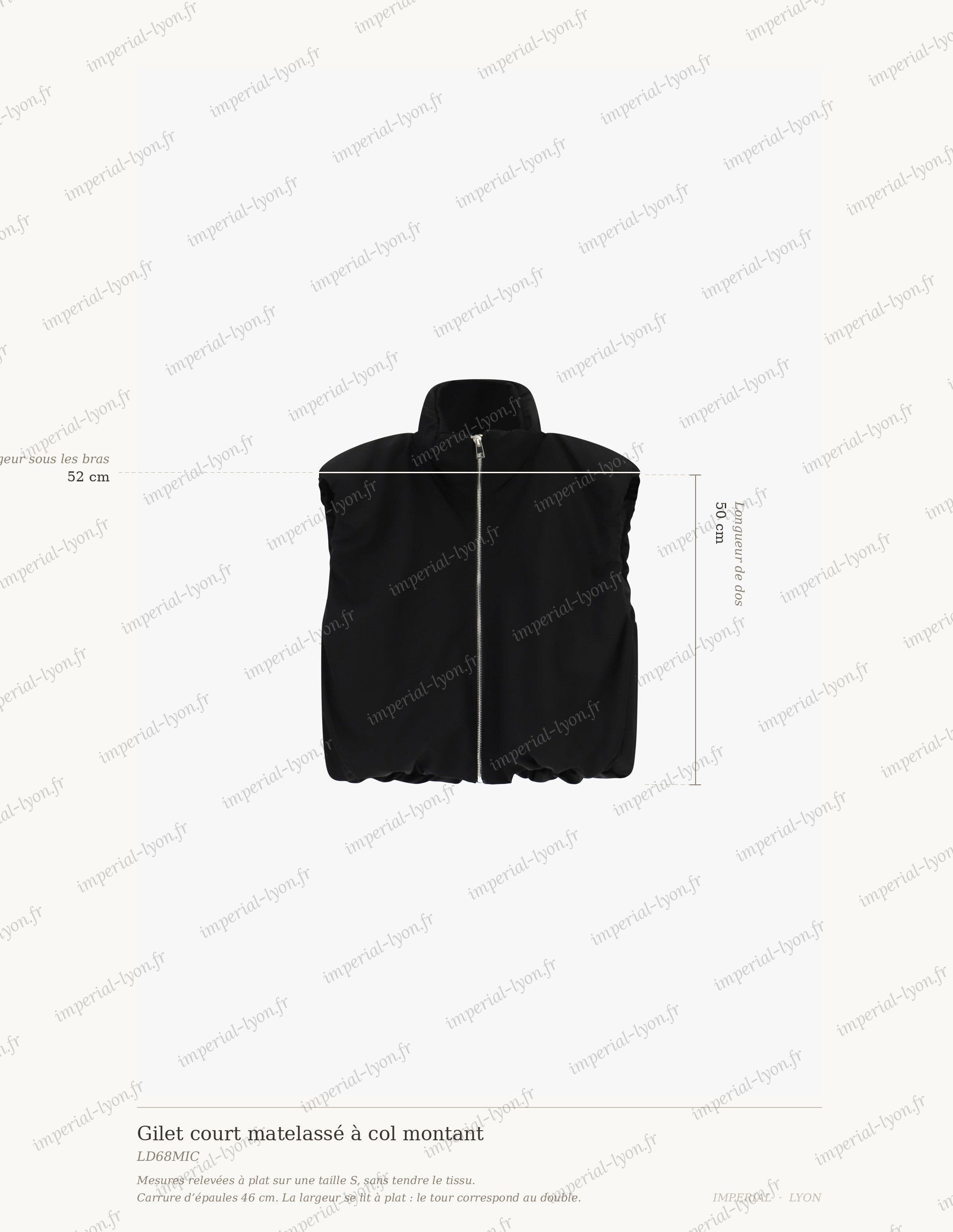 Cartographie des mesures du gilet Imperial : dos 50 cm, carrure 46 cm, largeur sous les bras 52 cm