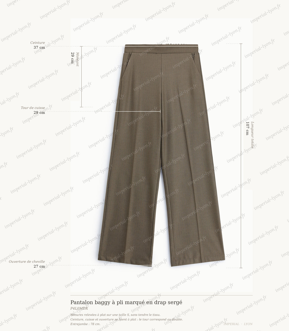 Cartographie des mesures du pantalon baggy Imperial : ceinture 37 cm, montant 29 cm, cuisse 29 cm, ouverture de cheville 27 cm, longueur totale 107 cm