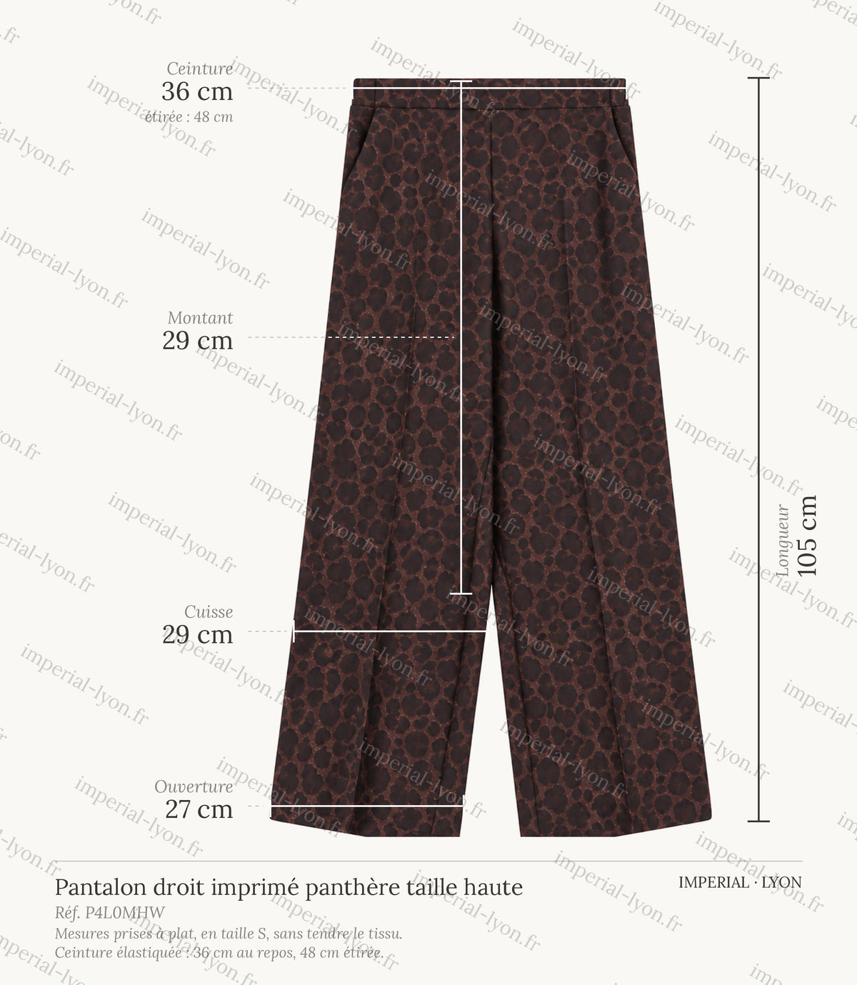 Cartographie des mesures du pantalon droit imprimé panthère taille haute Imperial - ceinture 36 cm, montant 29 cm, cuisse 29 cm, ouverture 27 cm, longueur 105 cm all-groups
