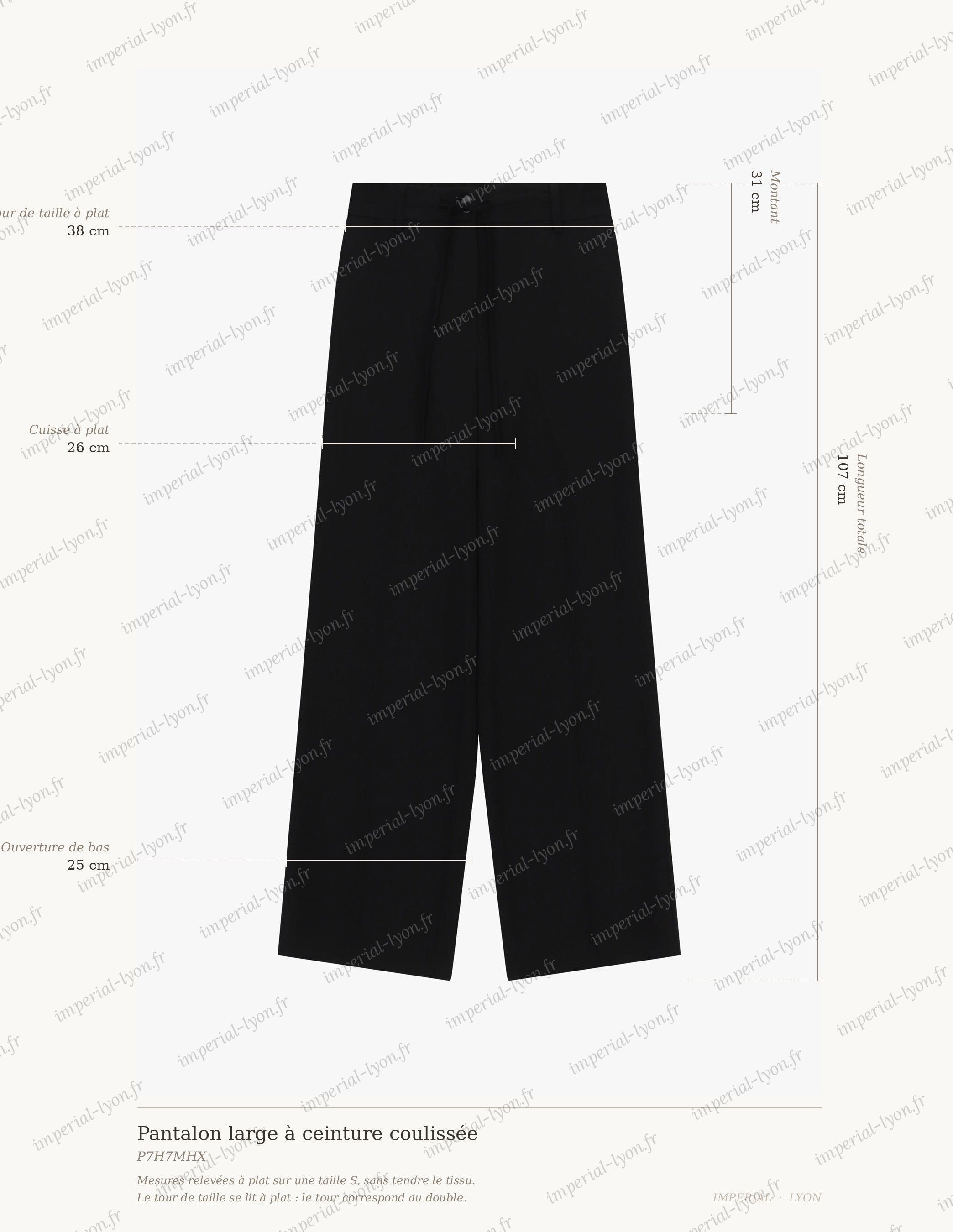 Cartographie des mesures du pantalon Imperial : taille 38 cm, montant 31 cm, cuisse 26 cm, ouverture 25 cm, longueur 107 cm
