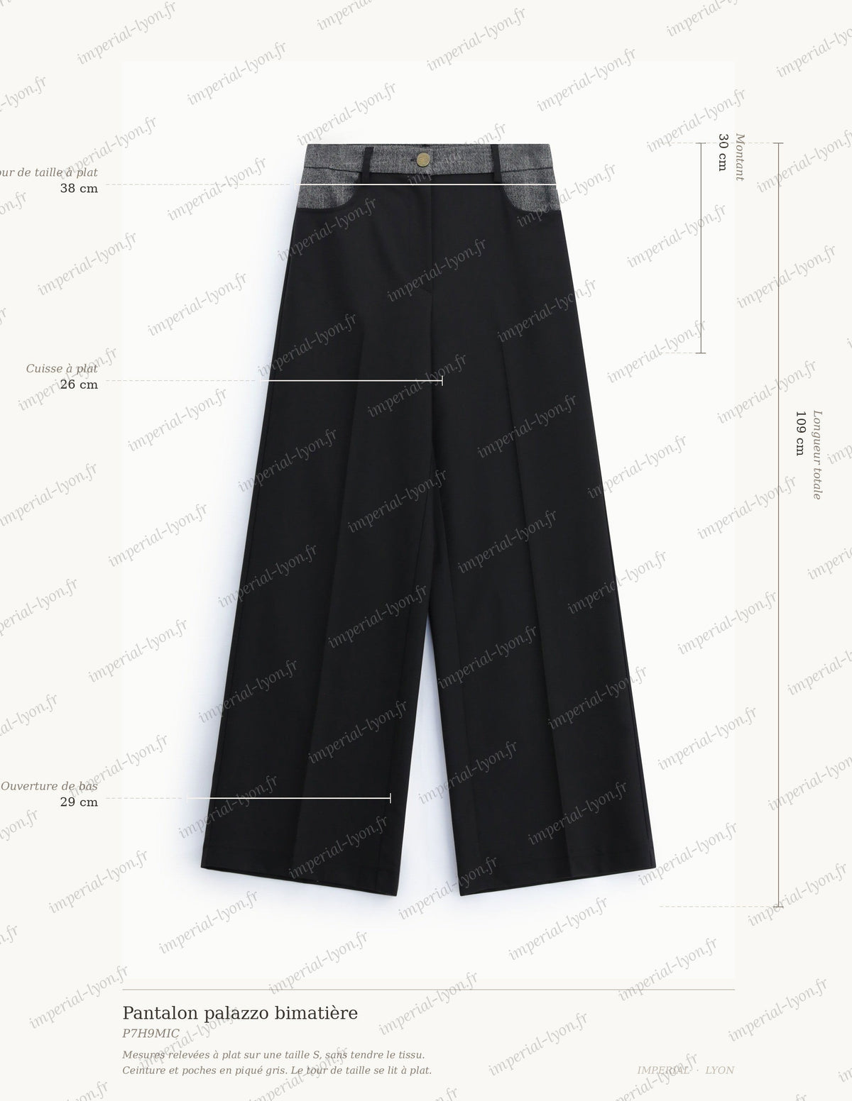 Cartographie des mesures du pantalon Imperial : taille 38 cm, montant 30 cm, cuisse 26 cm, ouverture 29 cm, longueur 109 cm