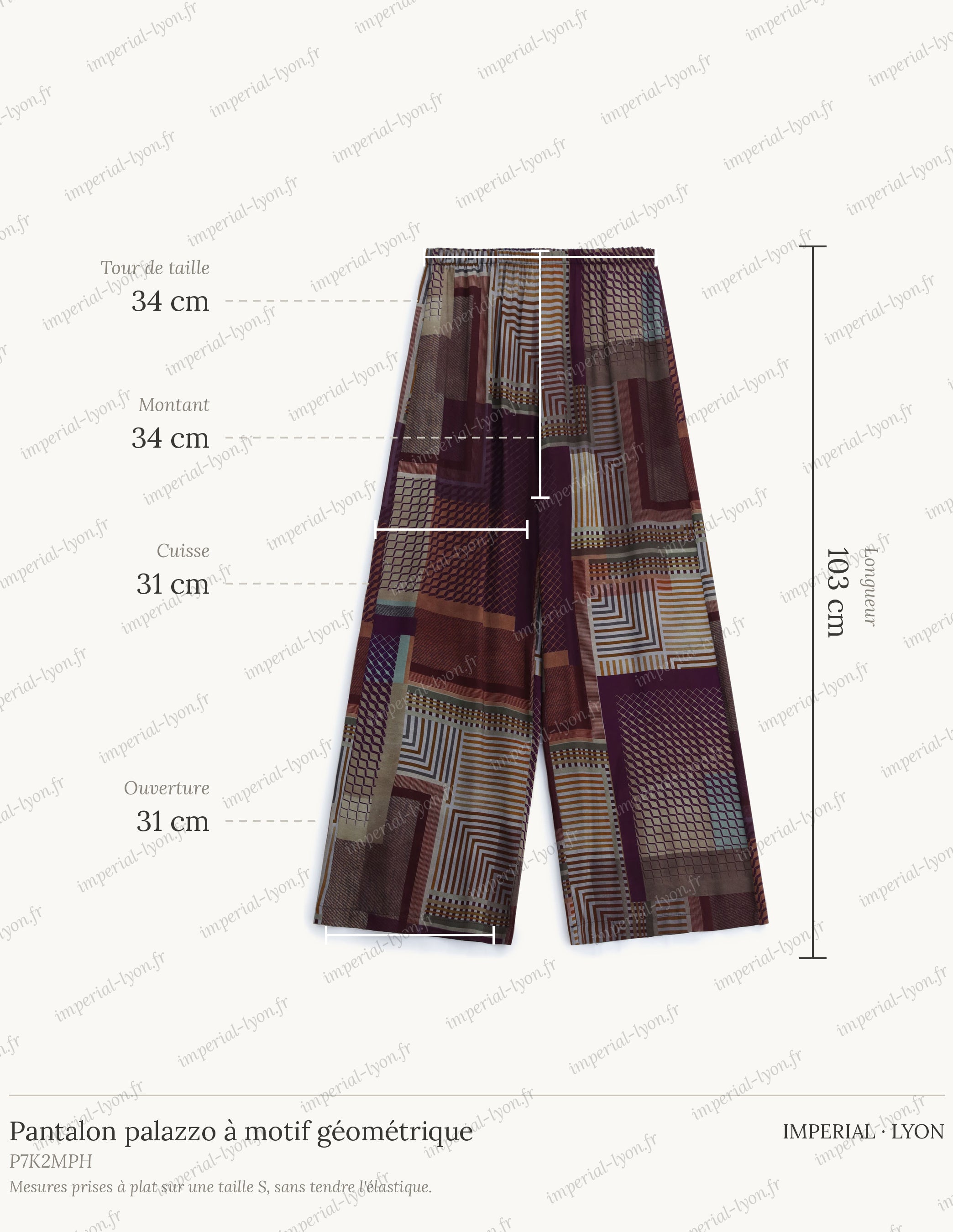 Cartographie des mesures du pantalon palazzo, relevées à plat sur la taille S : tour de taille 34 cm, montant 34 cm, cuisse 31 cm, ouverture 31 cm, longueur 103 cm