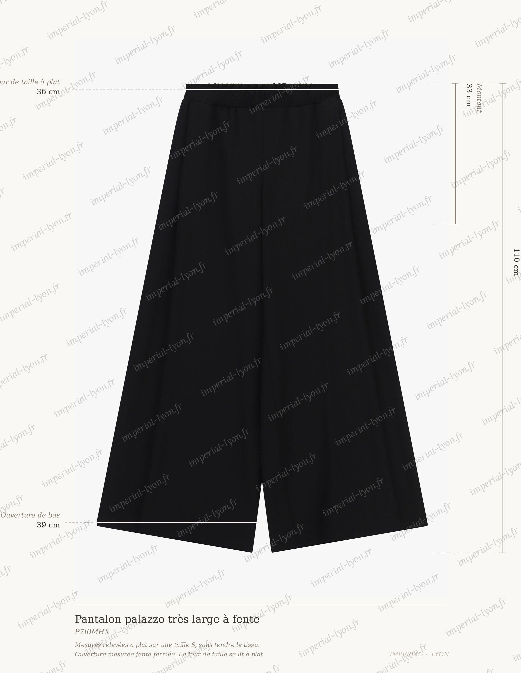 Cartographie des mesures du pantalon palazzo Imperial : taille 36 cm, montant 33 cm, ouverture de bas 39 cm, longueur totale 110 cm