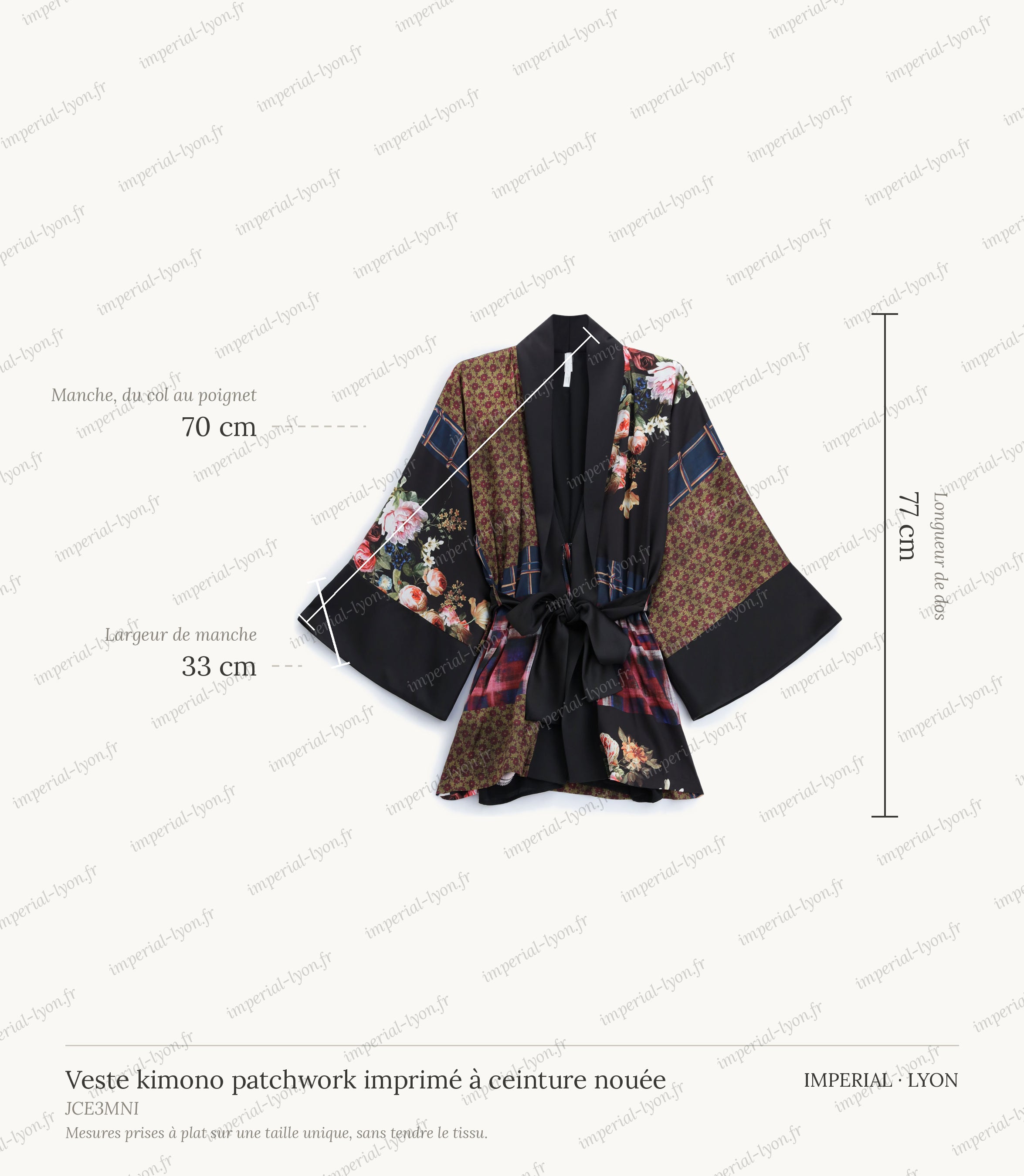 Cartographie des mesures de la veste kimono, relevées à plat sur la taille unique : manche du col au poignet 70 cm, largeur de manche 33 cm, longueur de dos 77 cm