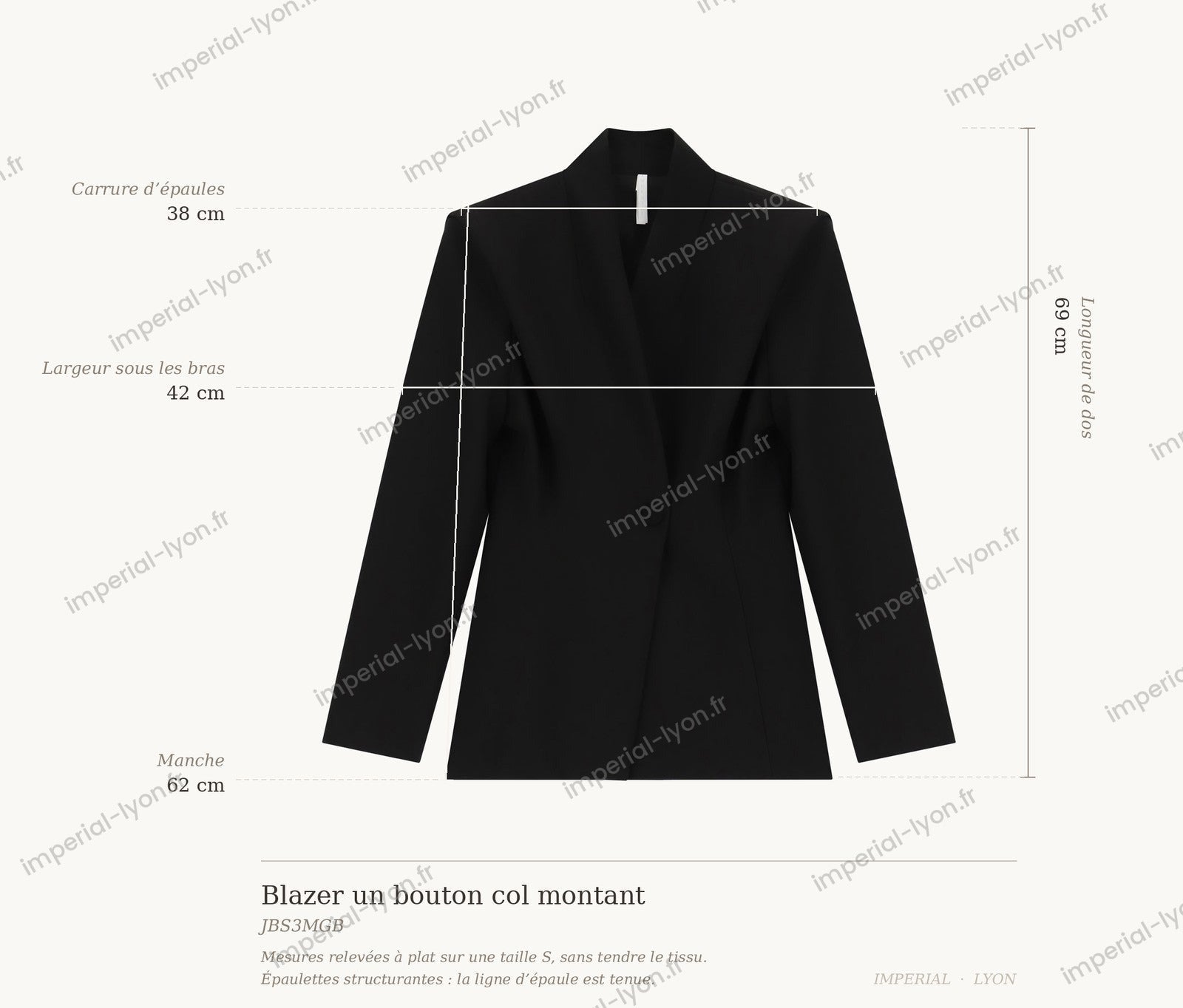 Cartographie des mesures — Blazer un bouton col montant épaules marquées