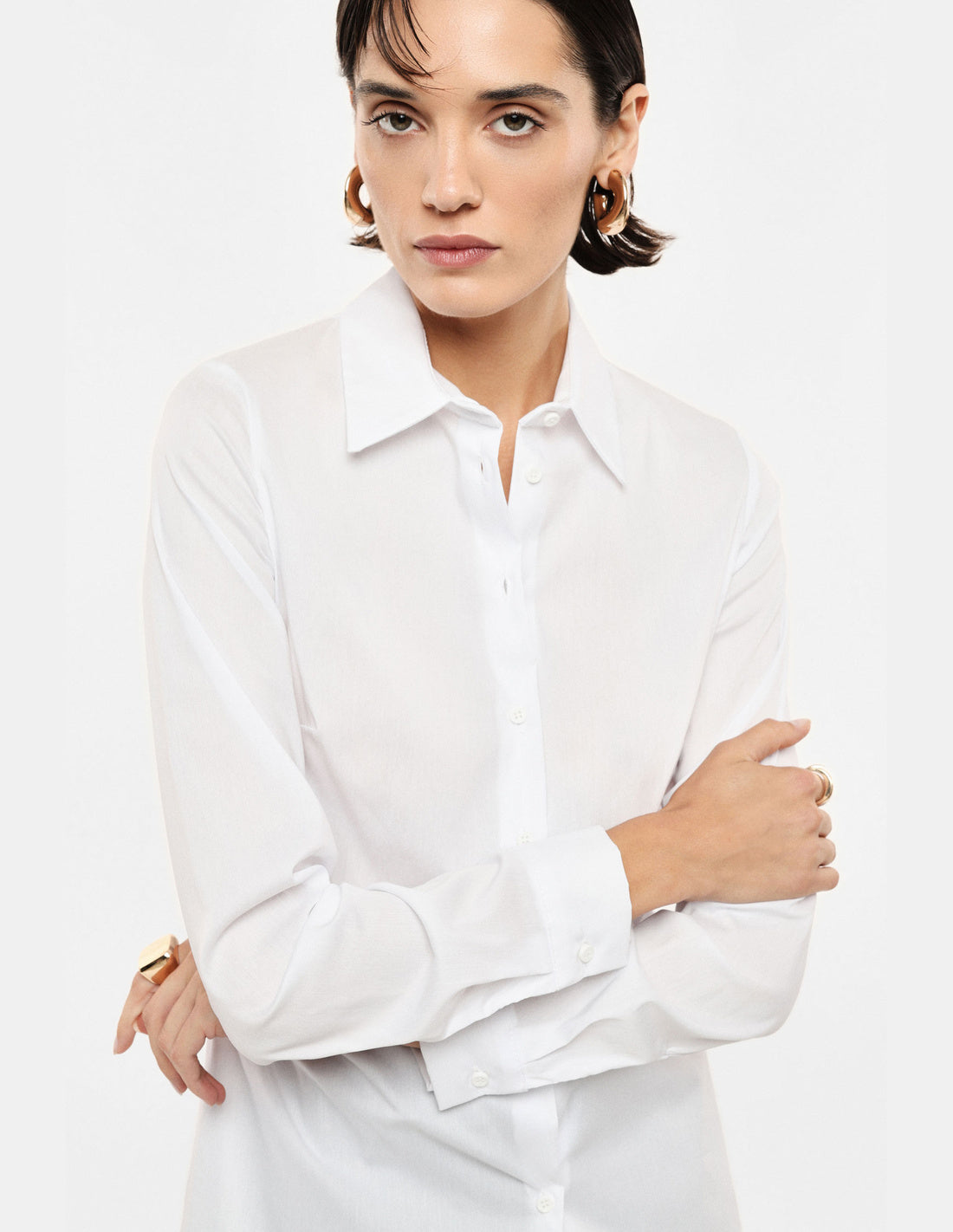 Chemisier ajusté à manches longues blanc – Imperial Femme, porté, vue de profil