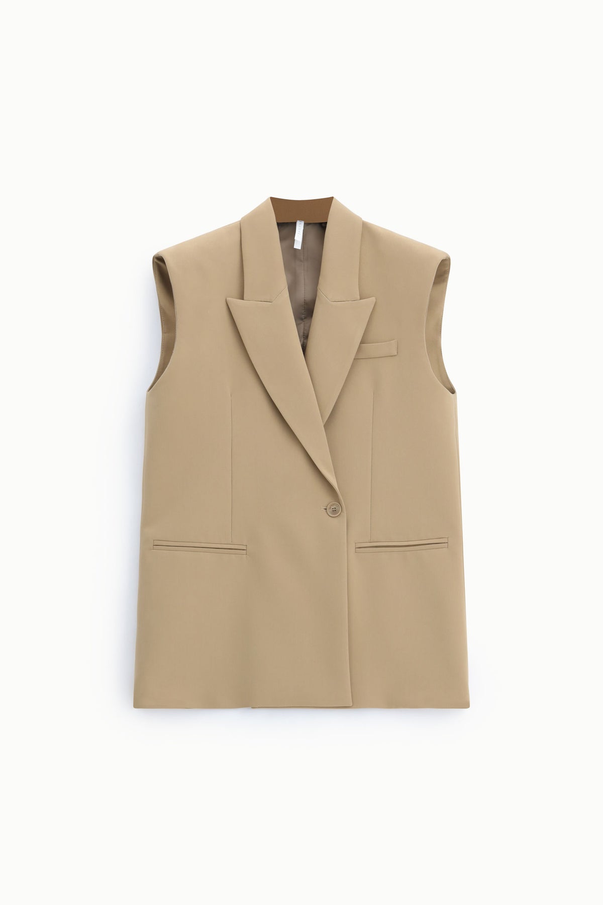 Gilet long sans manches col à revers effet cape beige – Imperial Femme