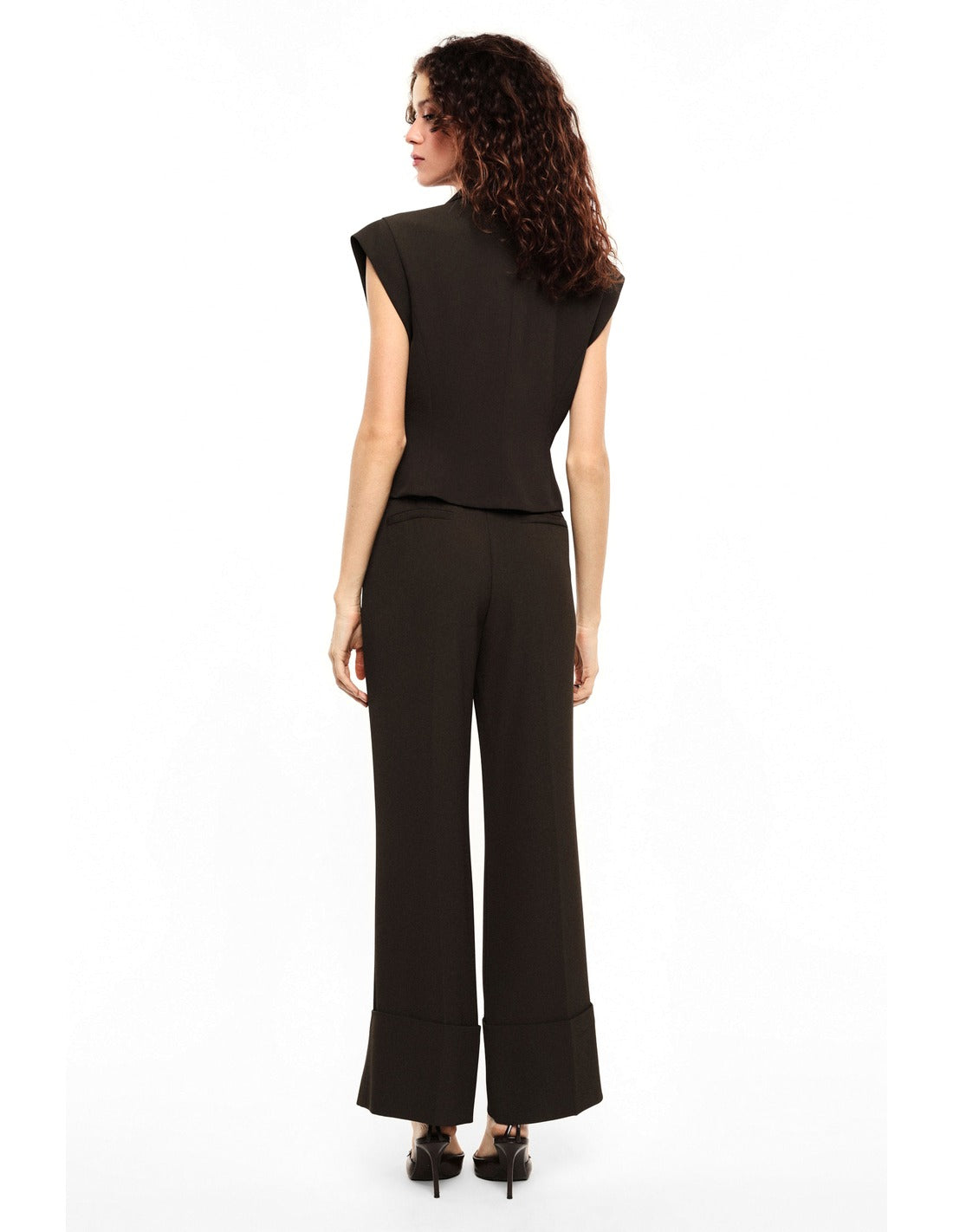 Pantalon palazzo taille haute revers large porté, dos – Kaki foncé – Imperial Femme