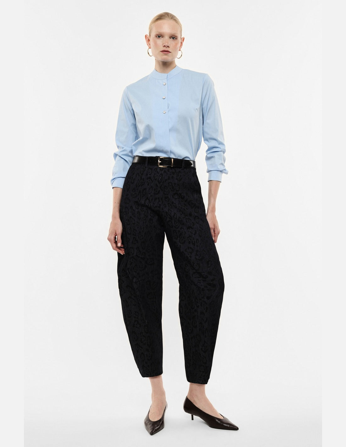 Pantalon barrel taille haute en denim jacquard porté – bleu denim – Imperial Femme