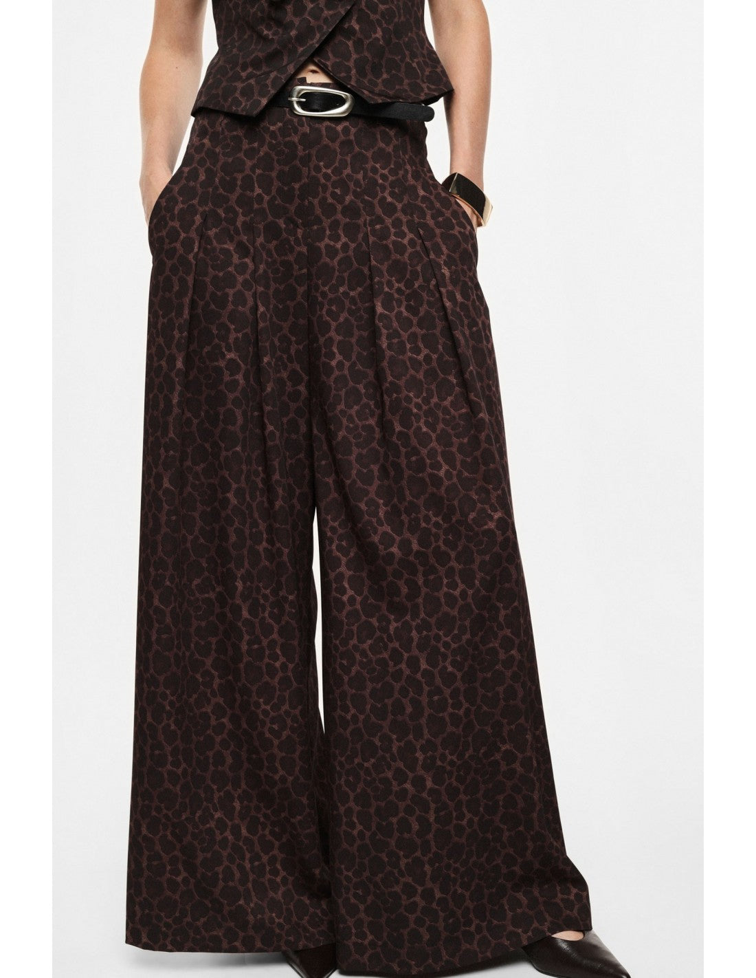 Pantalon palazzo imprimé panthère taille haute ceinturé – Imperial Femme