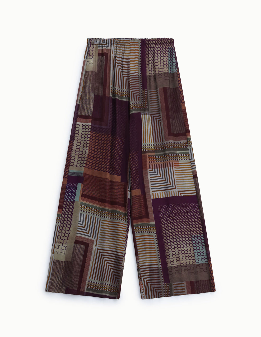 Pantalon palazzo à motif géométrique prune et kaki – Imperial Femme, à plat