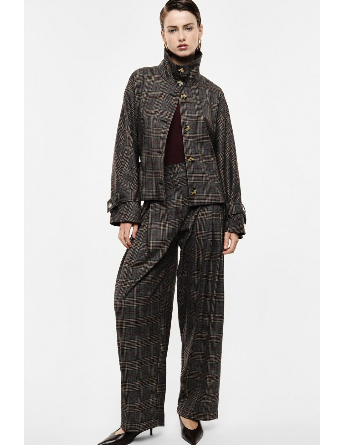 Pantalon palazzo prince de galles taille haute à pinces – Imperial Femme