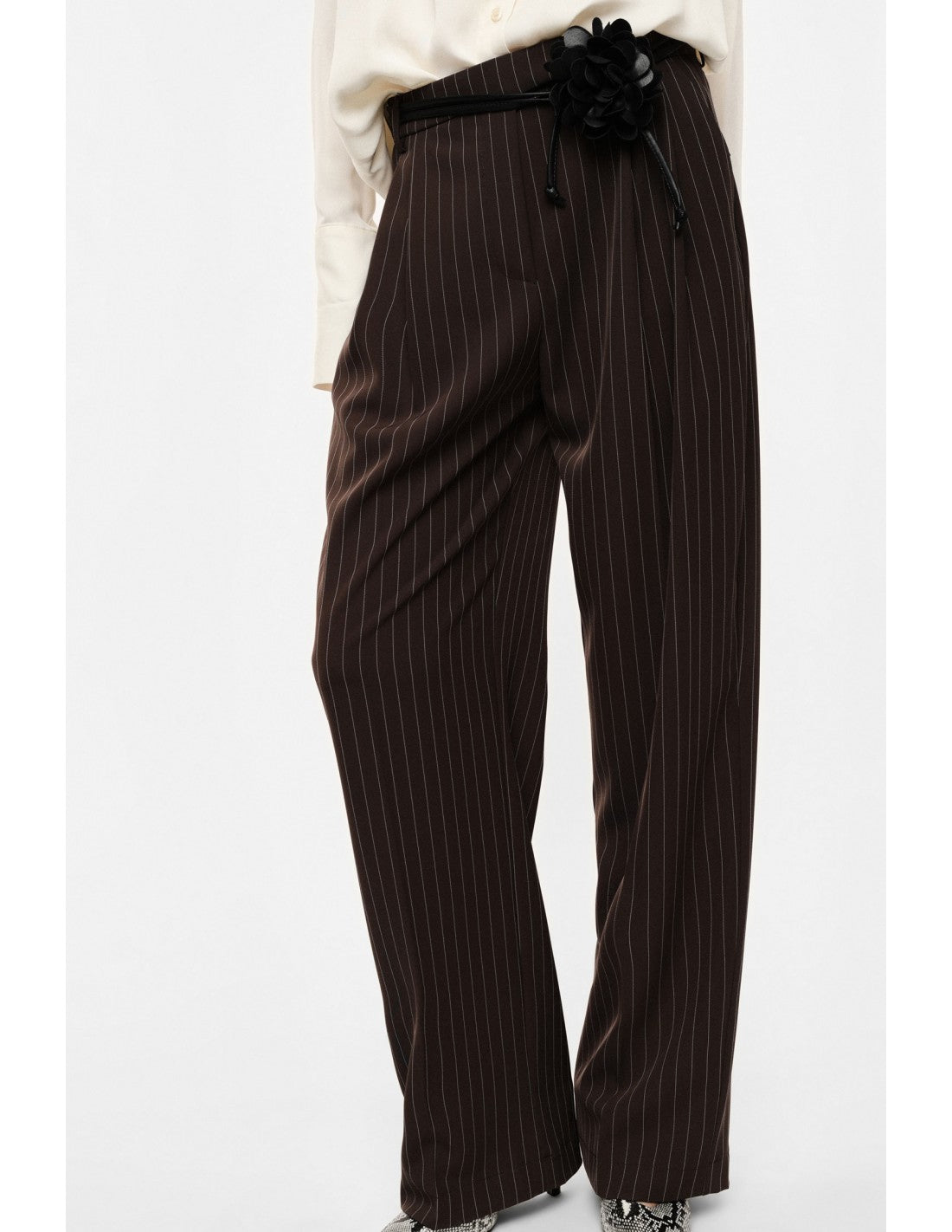 Pantalon rayé jambe large ceinture fleur – Imperial Femme