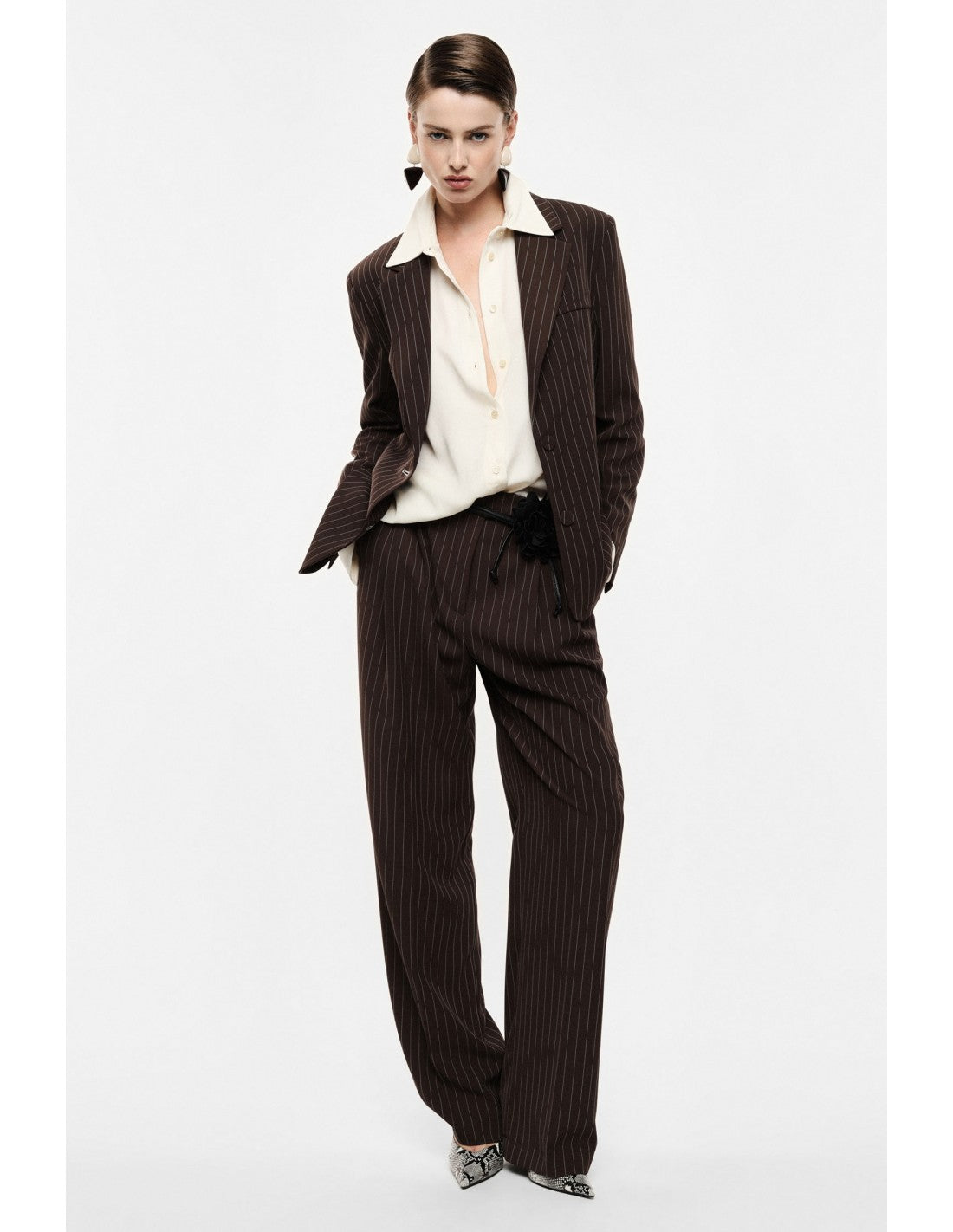 Pantalon rayé jambe large ceinture fleur – Imperial Femme