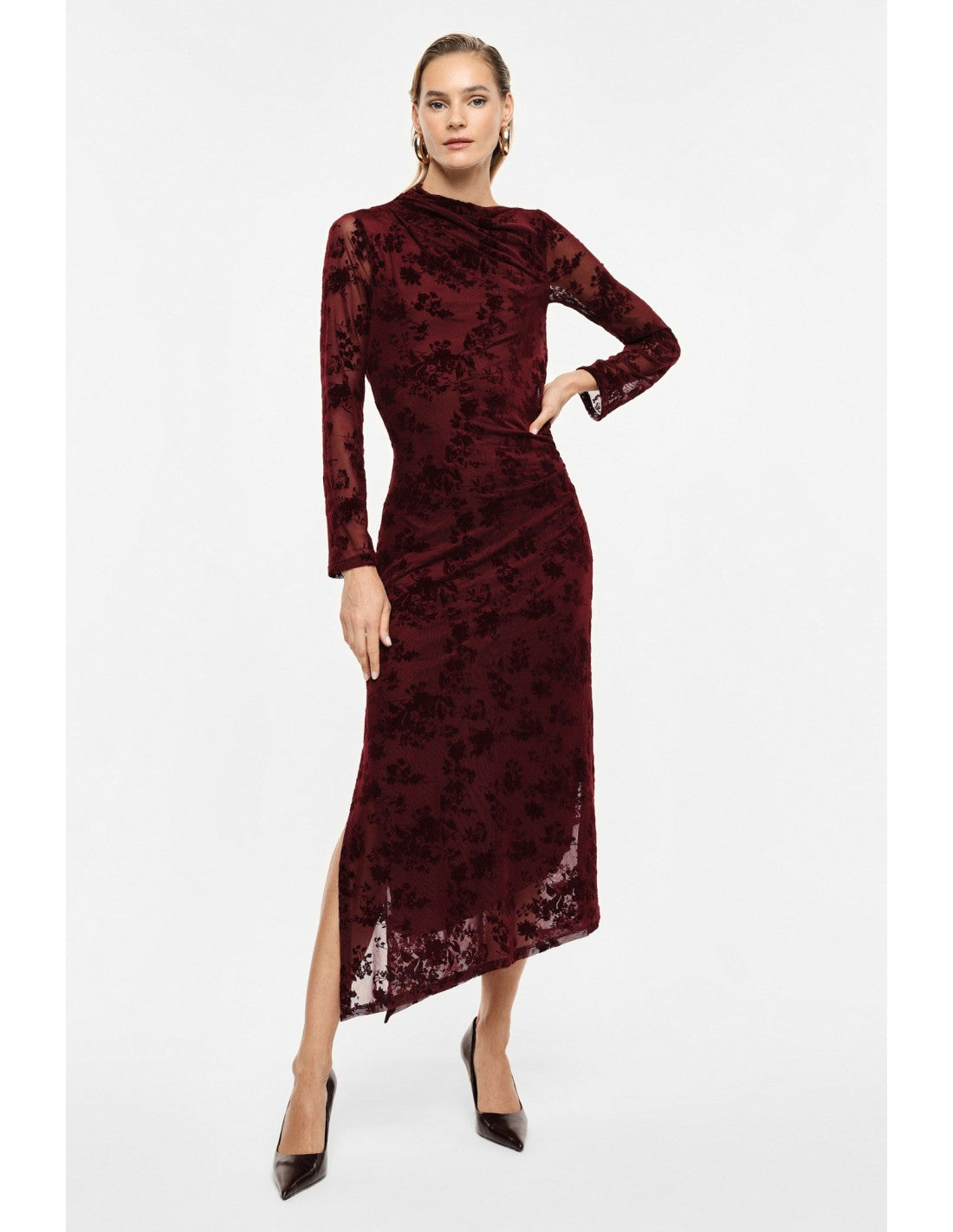 Robe longue drapée en résille velours dévoré – Imperial Femme