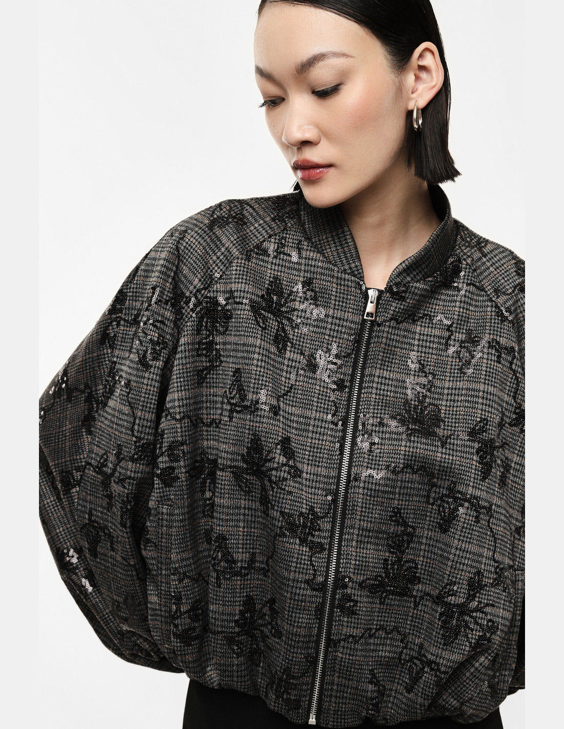 Bomber manches ballon prince-de-galles porté, détail – Imperial Femme