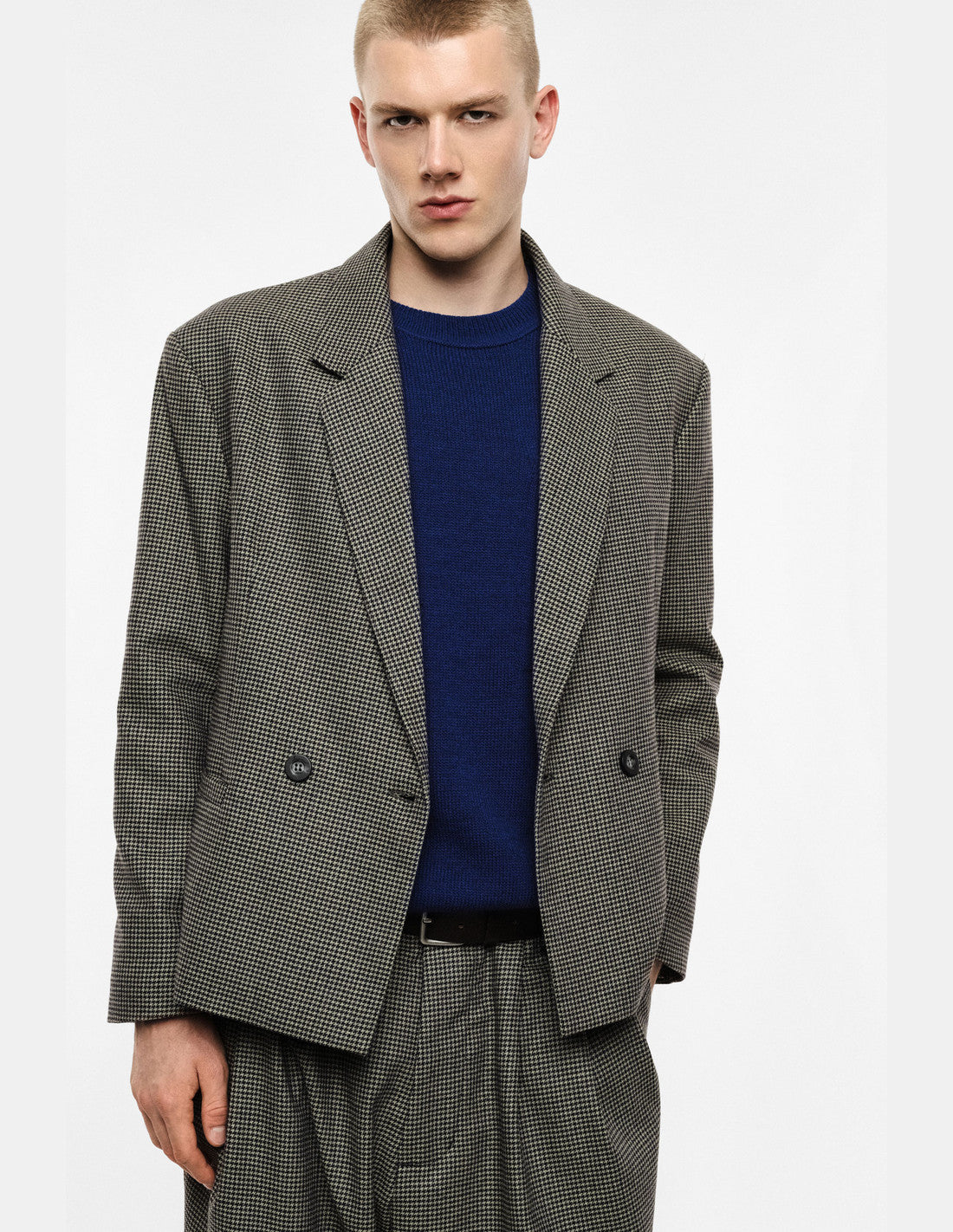 Blazer croisé micro pied-de-poule, taupe vert violet, porté, détail