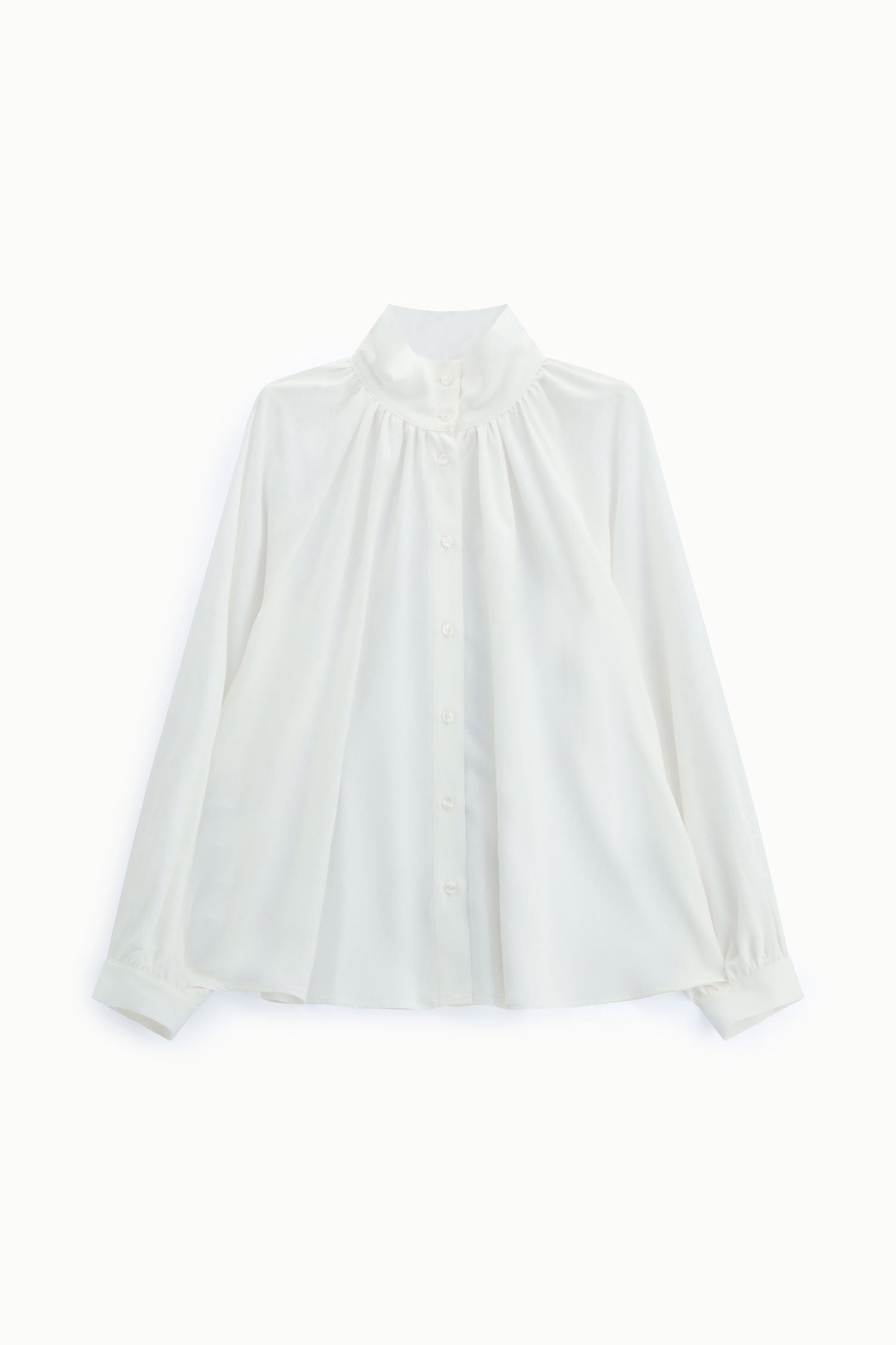 Blouse ample col montant froncé en viscose à plat – Blanc – Imperial Femme