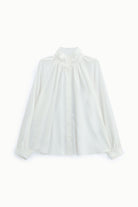 Blouse ample col montant froncé en viscose à plat – Blanc – Imperial Femme