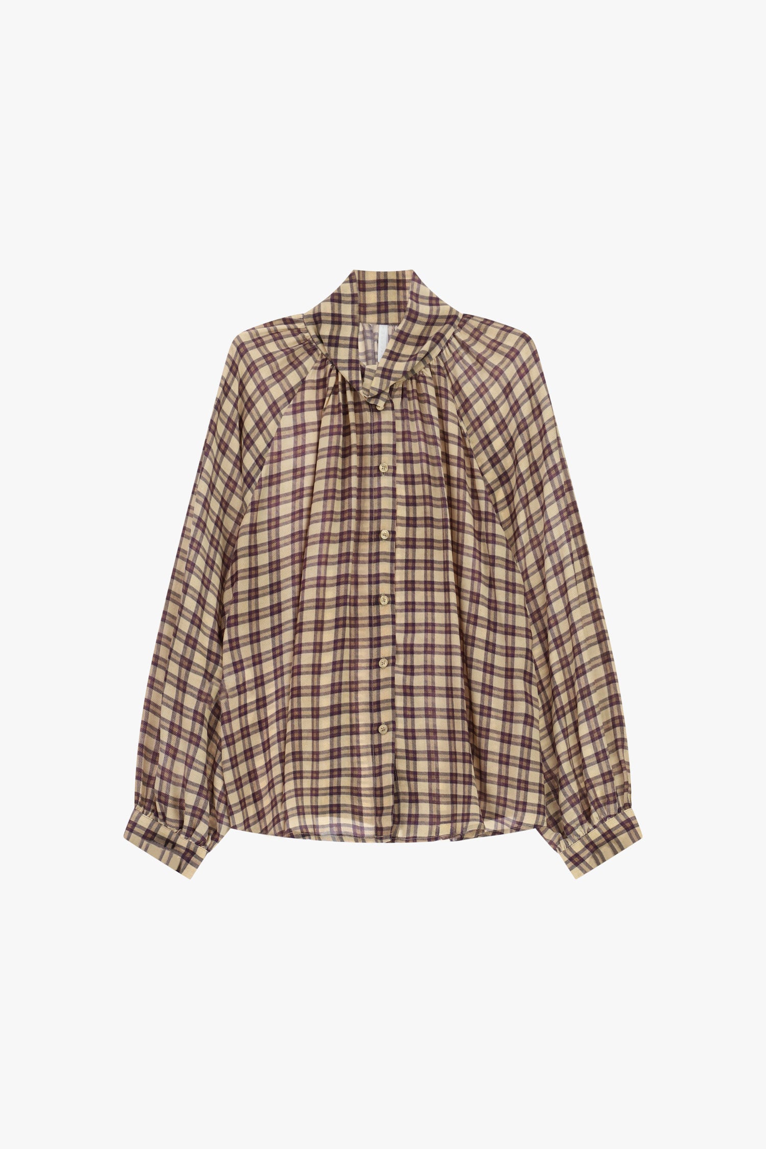 Chemise à carreaux col froncé et manches bouffantes à plat – Beige – Imperial Femme