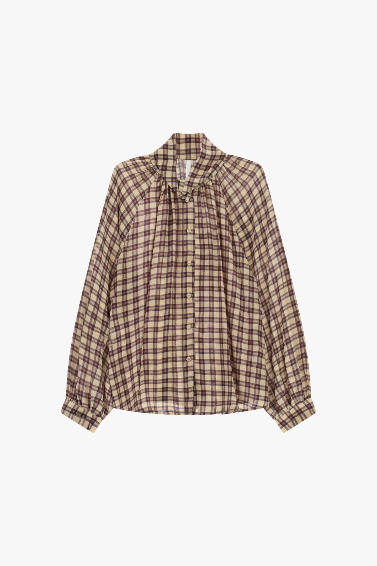 Chemise à carreaux col froncé et manches bouffantes à plat – Beige – Imperial Femme