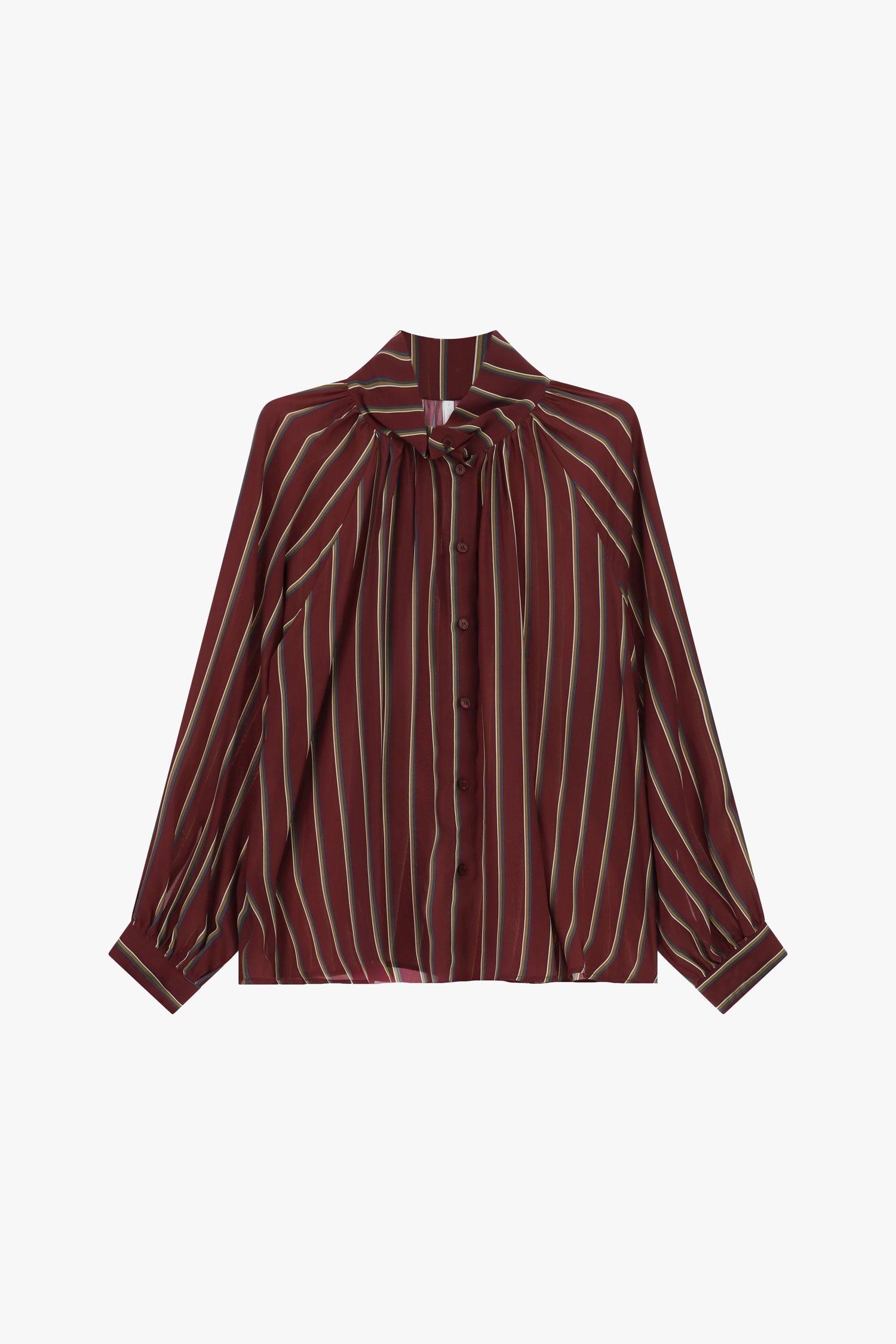 Blouse rayée col montant froncé en viscose à plat – Bordeaux – Imperial Femme
