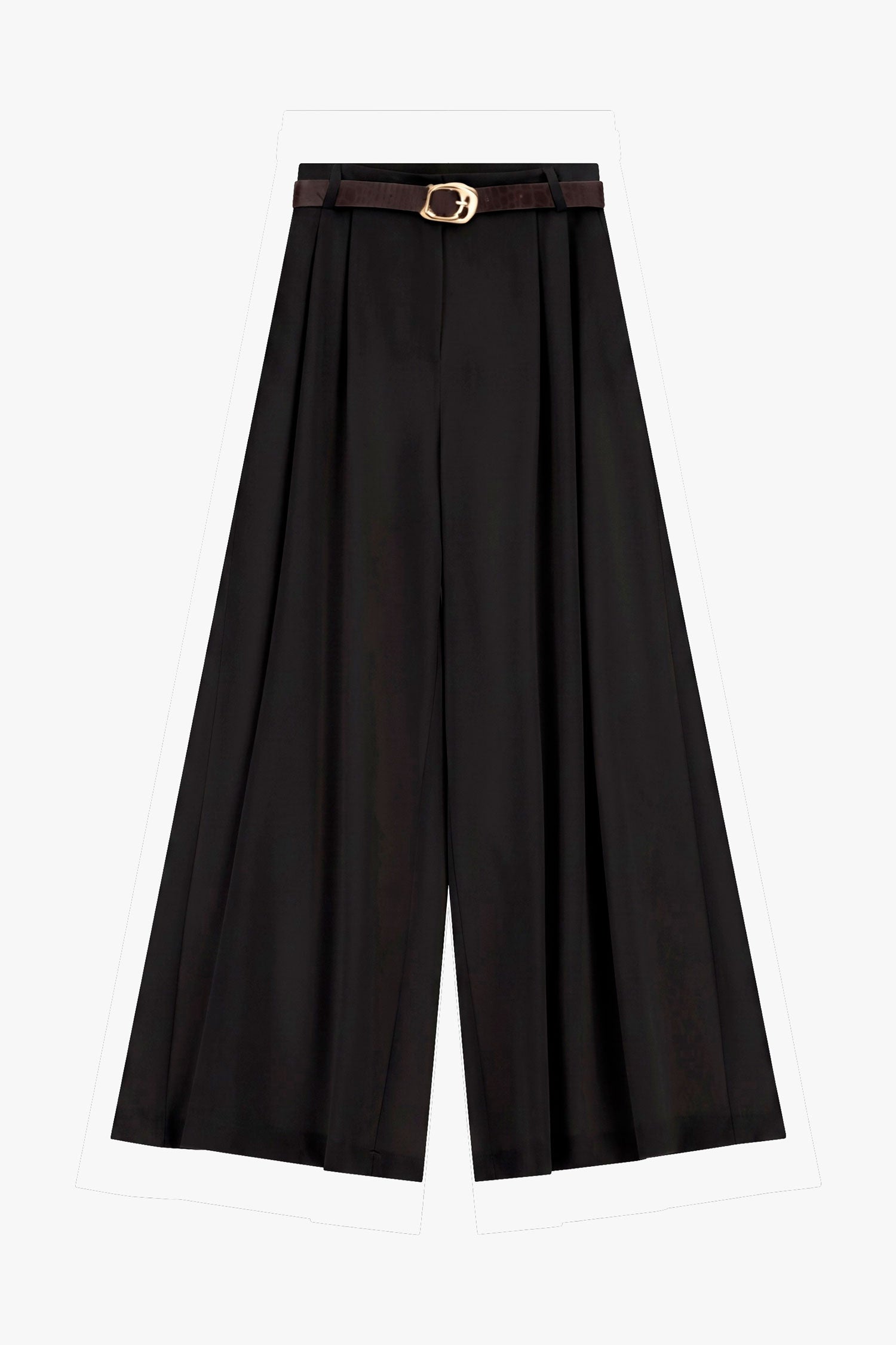 Pantalon palazzo taille haute pinces ceinture fantaisie, coloris Noir