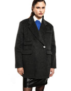 Manteau court croisé en drap façon poil de chameau porté, profil – gris anthracite – Imperial Femme